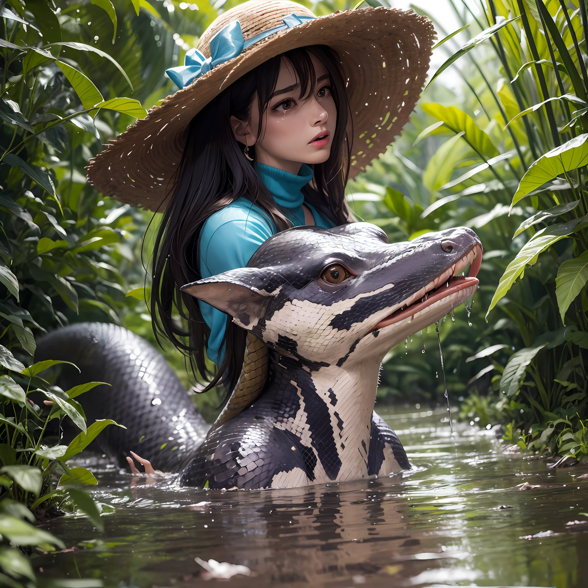 There is a large snake around the woman,masterpiece,hires,high quality,1 girl,meddle breast,The Amazon jungle,A puddle full of mud,The body is partially submerged in the puddle,crying,torn clothes,wide upper body shot,The body is soaked in mud