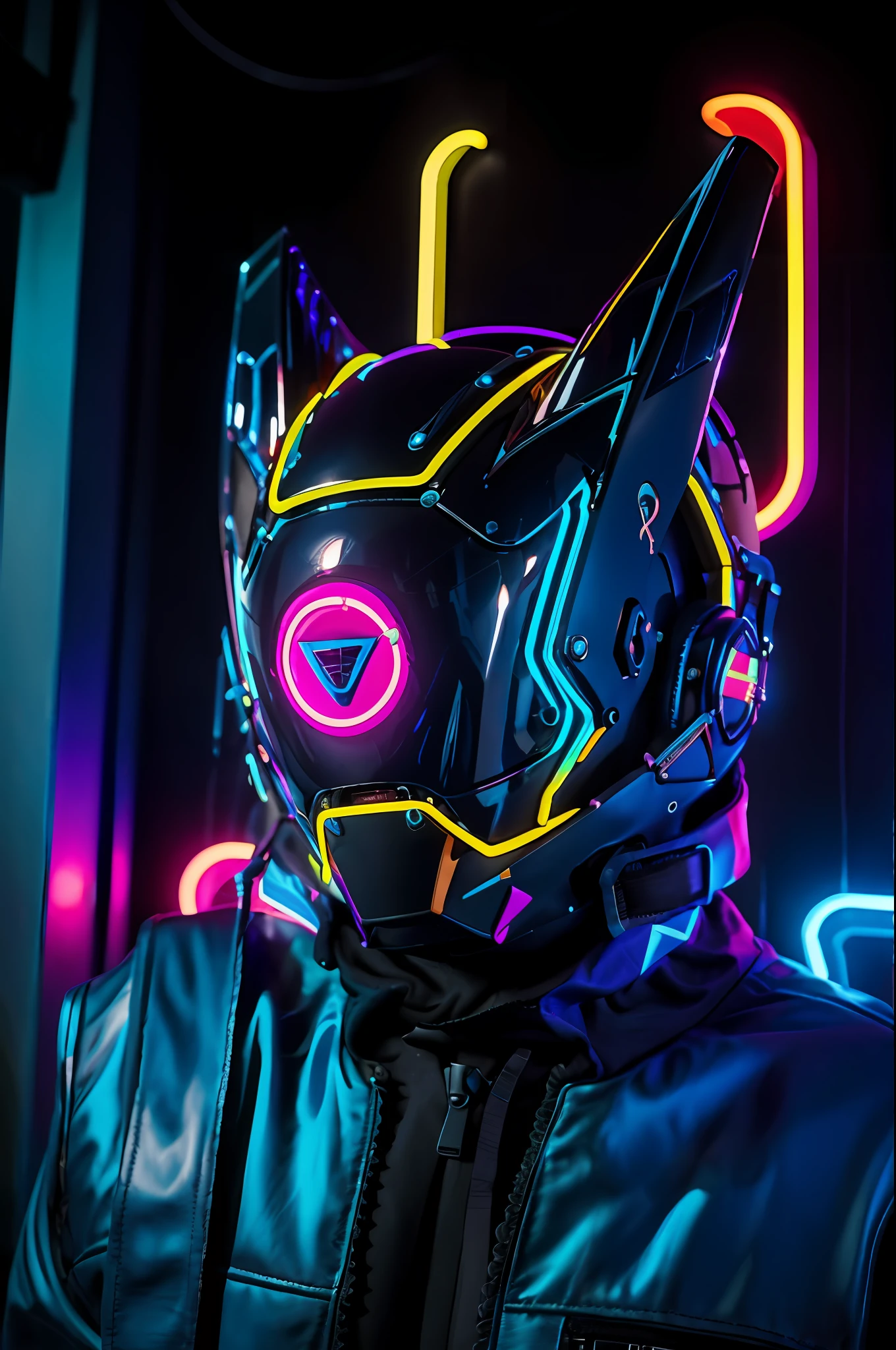 las marcas de la chaqueta convierte en triangulos azul neon, agrega un  cibercasco realista del estilo daftpunk pero mas rudo e intimidante