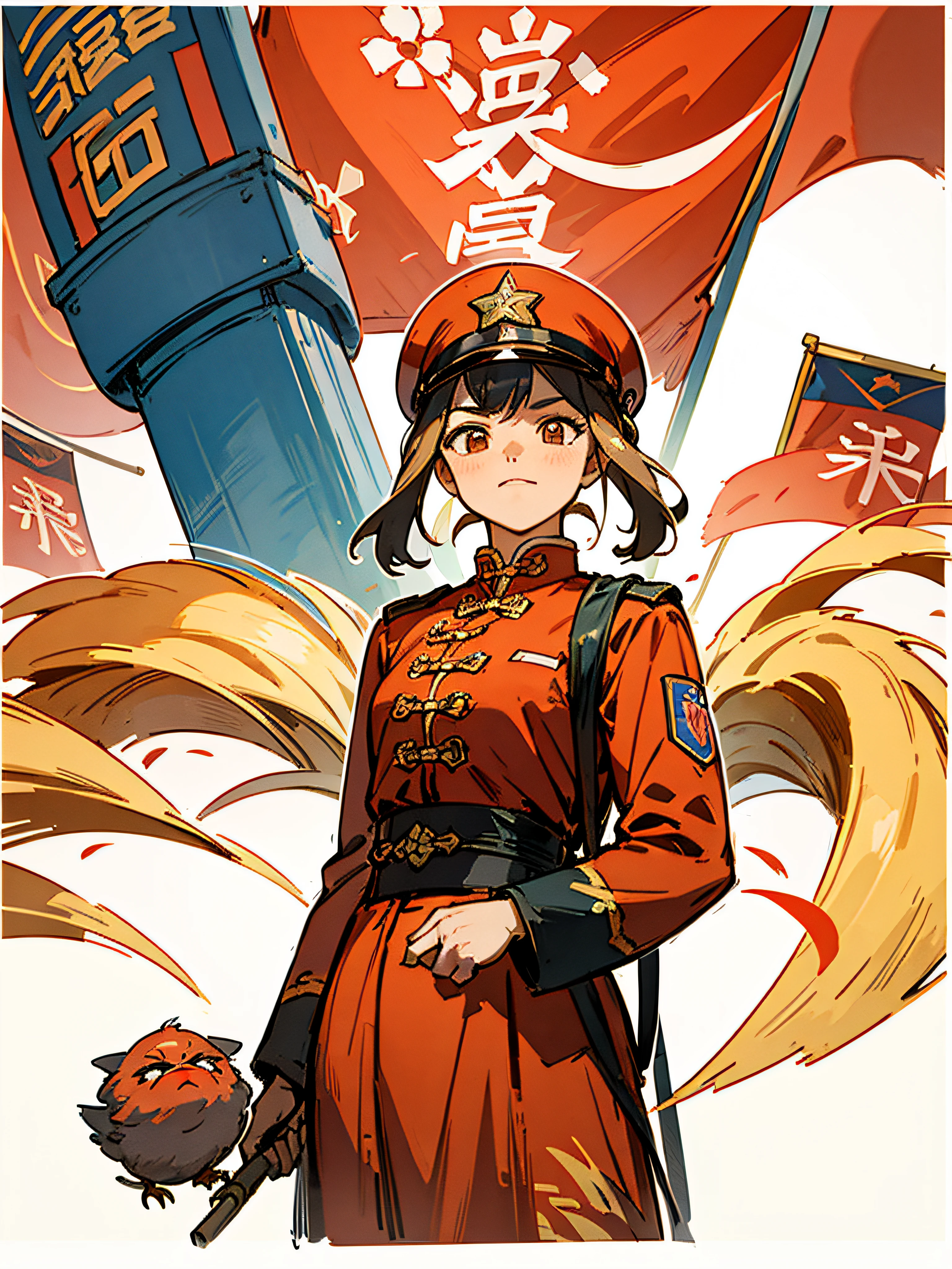 a masterpiece of），（Best Quority），（exquisite detailing）， promotional poster，Chinese style，wide wide shot，group of people，Chinese soldiers，Chinese military uniform，tiny chest，ssmile，civilian，frock，A determined expression，Half-naked arms，Pass flyers， cog，Peace birds fly，Chinese Red Flag，With gear and wheat print（red colors）banner， Cityscapes，architectural，High-speed rail trains，The Communist Manifesto，chineseidol，