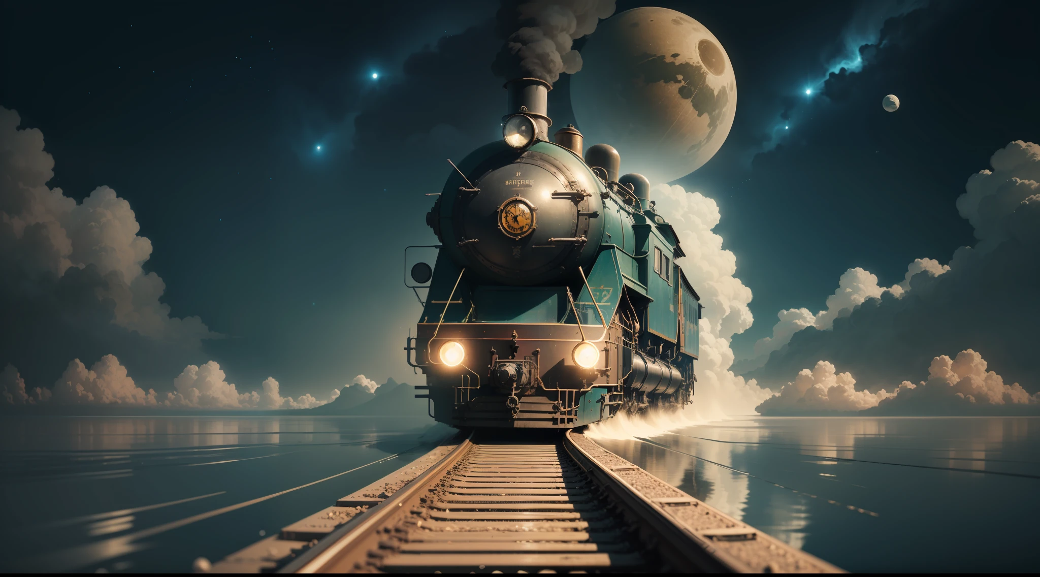 (train, running on water, misteryous, steampunk style, surrealism, masterpiece),train track, stars, cosmos, high details, artistic, contrast,shadows, gorgeous, old, cinematic, high details, BREAK ((splash)), velocity, planet on sky, symetric, gorgeous,, perfect, depth, windy, happy, freedom, magicle, impossible, traced lights, wallpaper