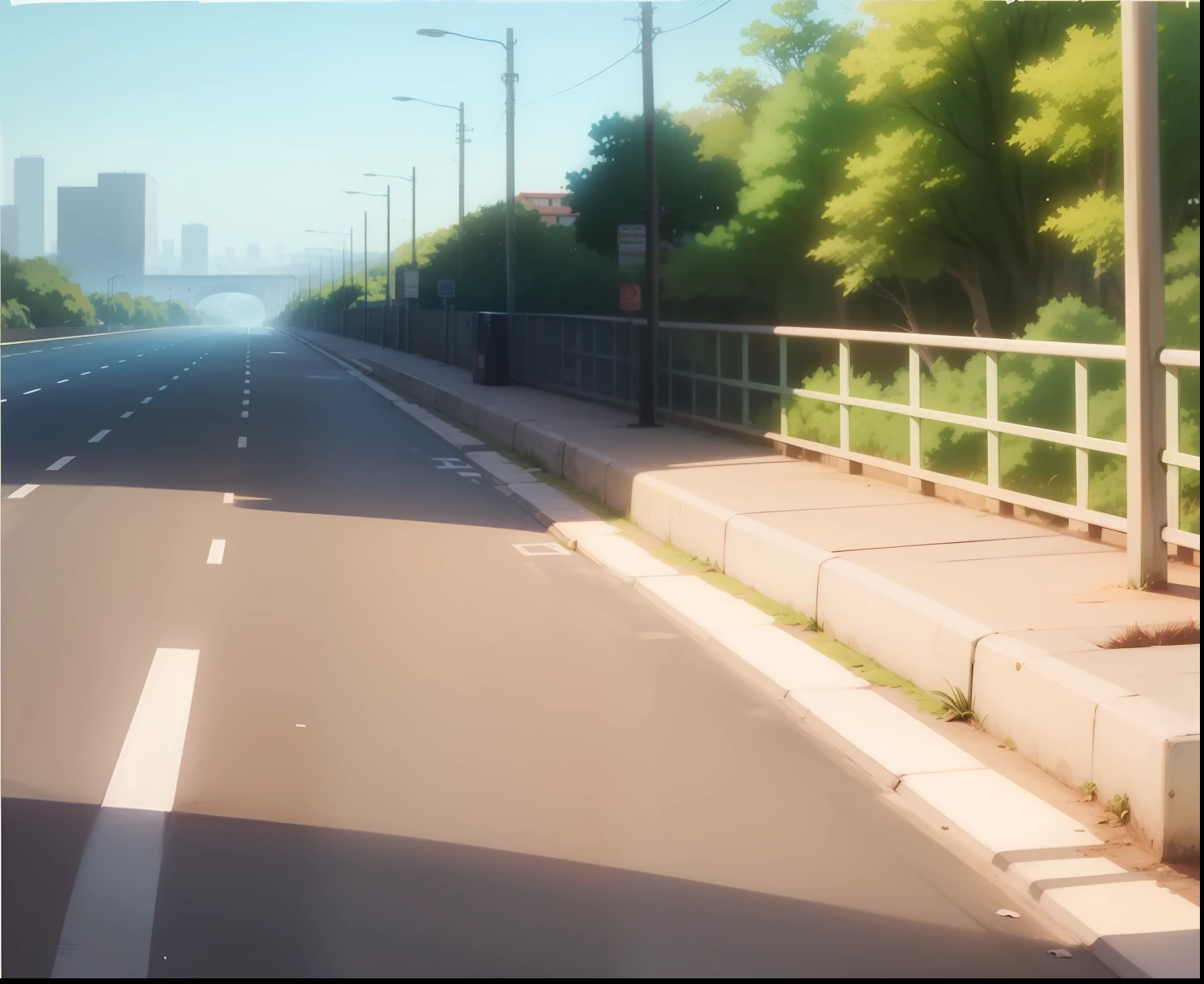 IMAgem estilo anime, imagem anime, cenario anime, uma rodovia com cidade ao fundo. --auto
