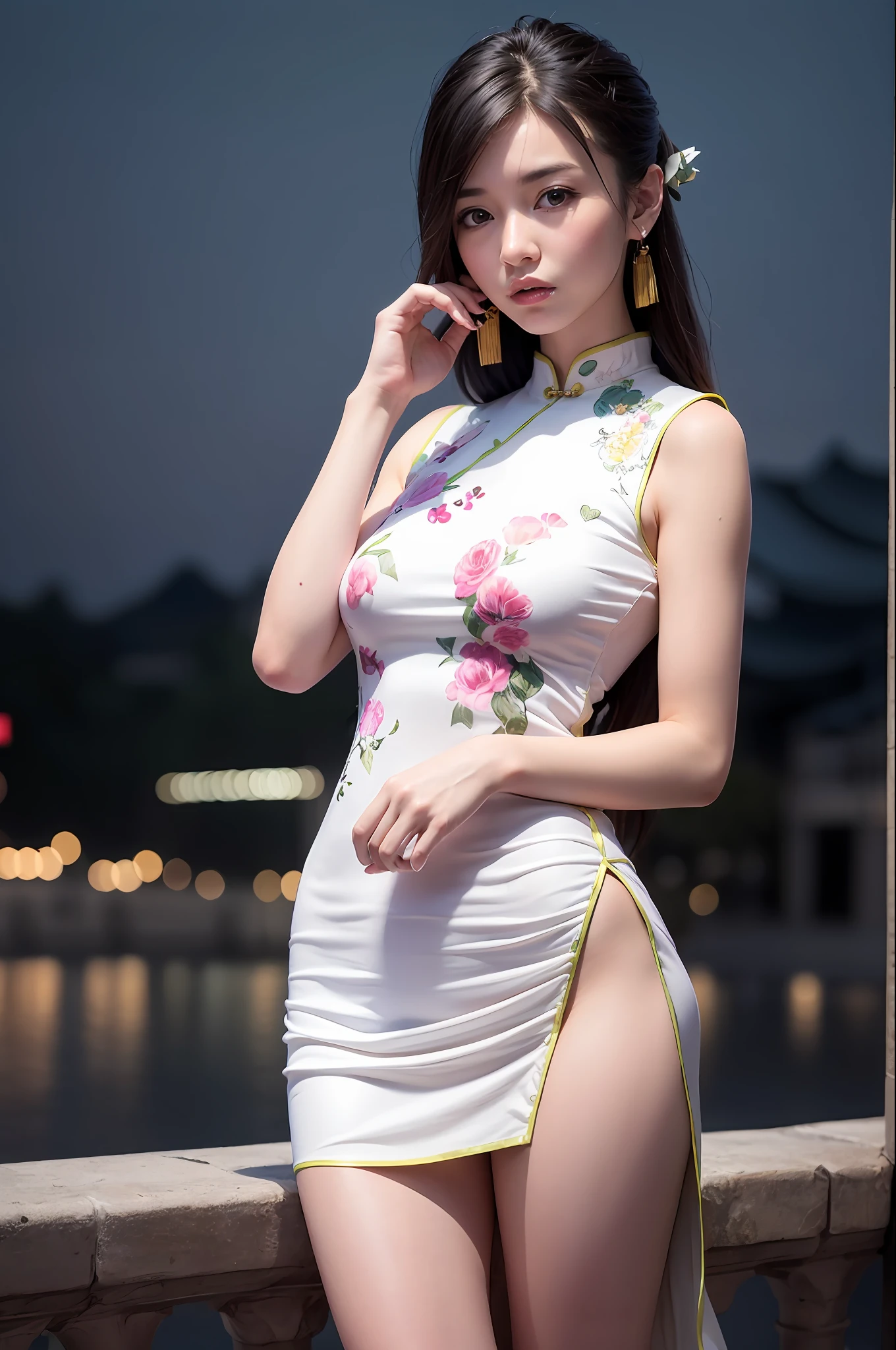 (sleeveless chinese clothes:1.5),  floral print,  (night cityscape background:1.5), (1girl:1.6),   long hair, ulzzang-6500v1.1, (original: 1.2), (realistic: 1.3) , beautiful girl with beautiful details, extremely detailed eyes and face, eyes with beautiful details, absurd, incredibly absurd, huge file size, ultra detail, high resolution, ultra detailed, best quality, masterpiece, illustration, ultra detailed and beautiful, ultra detailed, CG, unity, 8k wallpaper, amazing, fine Detail, masterpiece, top quality, official art, extremely detailed CG unity 8k wallpaper, cinematic lighting, (perfect shiny skin:0.6), slim and smooth lines, (floating), (small breasts:1),  diamond earrings,