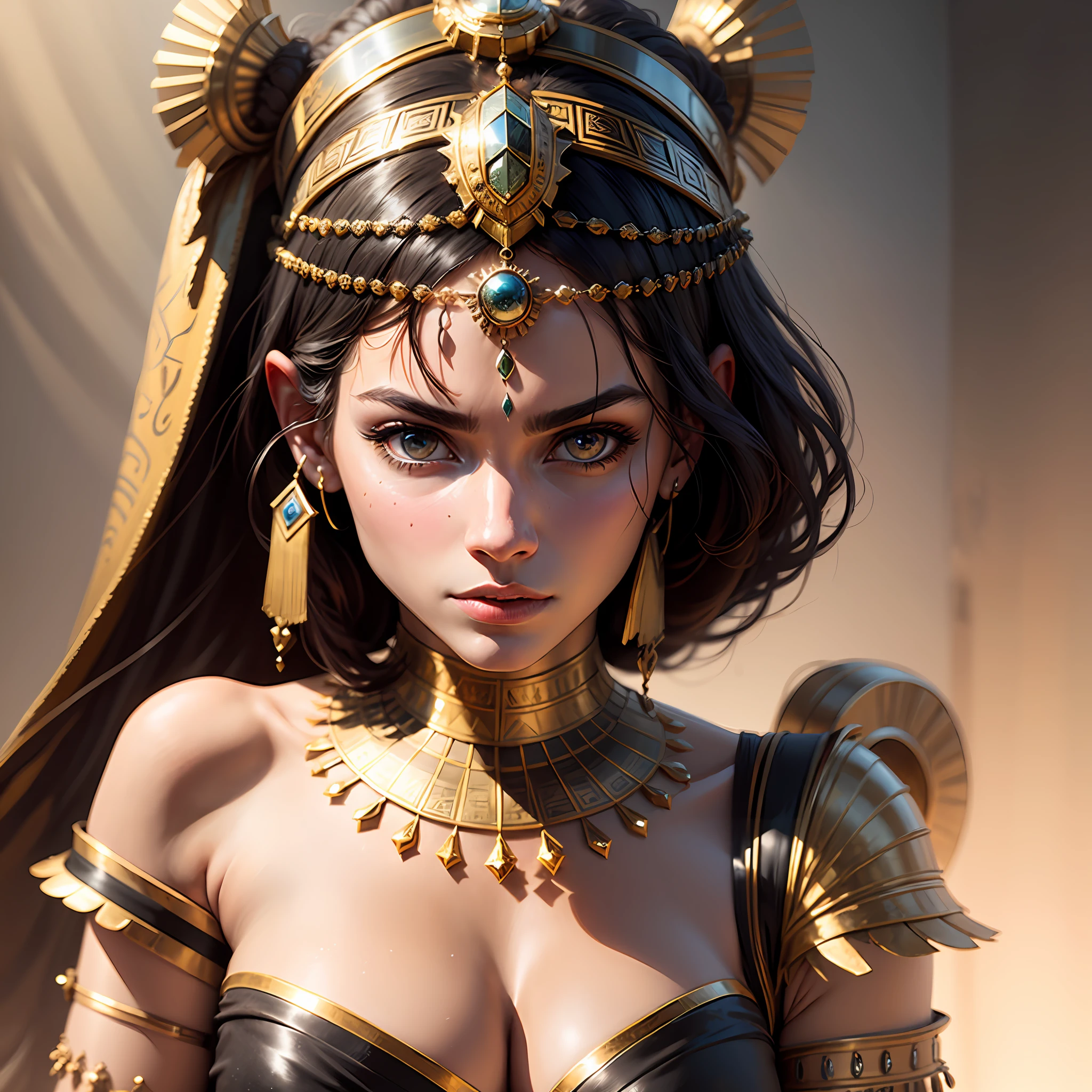 make Cleopatra with the beautyless face, long nose, prominent eyes and clothing she wore at the time, hyperrealistic image --auto