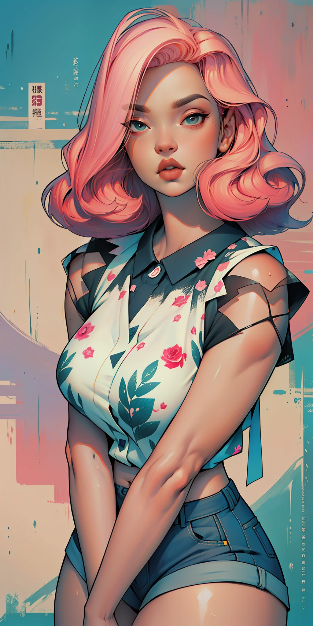 Background, In chic boho style, in a cafe, Ice cream print, multi-colored neon lights, neon garlands, rose hair, mixed-language_SMS, Japanese graffiti, (beautiful and clear background:1.2),, fantastic paintings ,graffit style, highly detail eyes , underwear, lace, latex, blond girl, Cat Print, tattoo, Loving, Love, ultra detail hair, Masterpiece, Best Quality, highly quality, A high resolution, detail enhancement, ((most beautiful image in the world)), Masterpiece, Best Quality, highly quality, A high resolution, detail enhancement, ((most beautiful image ), Shiny pink degrade hair, ultra short fitted Stampa Flores, Rollers, tights in a mesh, short denim shorts, art by stjepan sejic, art by j scott campbell, Artist Guillem March, art by citemer liu, 4k, A high resolution, comic book character, comic, high quality detailed, style of ::2.0 comix illustration style,tatoon style, highly quality, A high resolution, detail enhancement, 8K, HD, Best Quality, highly quality, A high resolution, detail enhancement, 8K, HDR, sharp-focus, Ultra Detailed, perfect lighting, Curvy Body, Lush breasts, Curvy hips