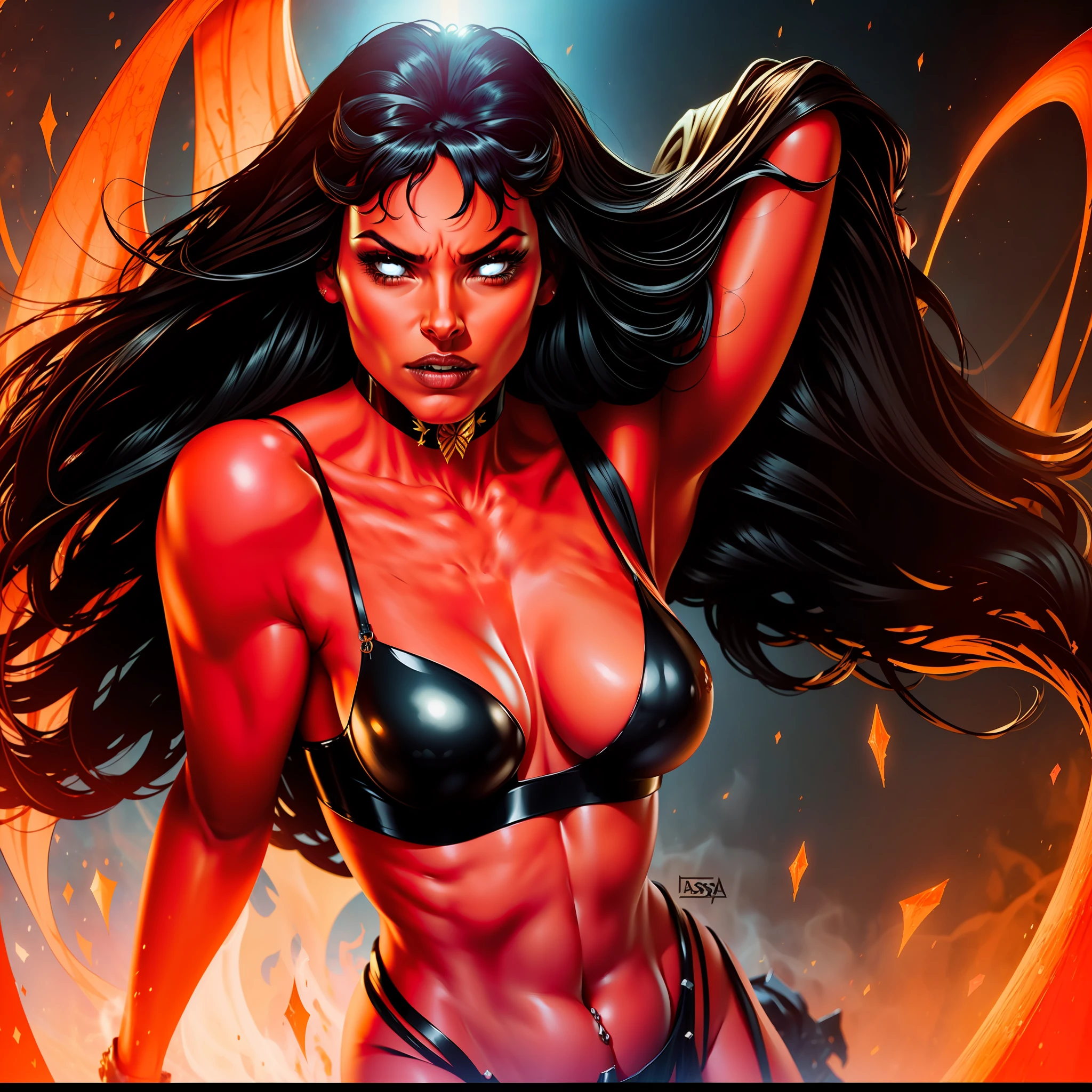 ((linda mulher),(demonio),(pele vermelha)),((asas grandes),(chifres)),4k.