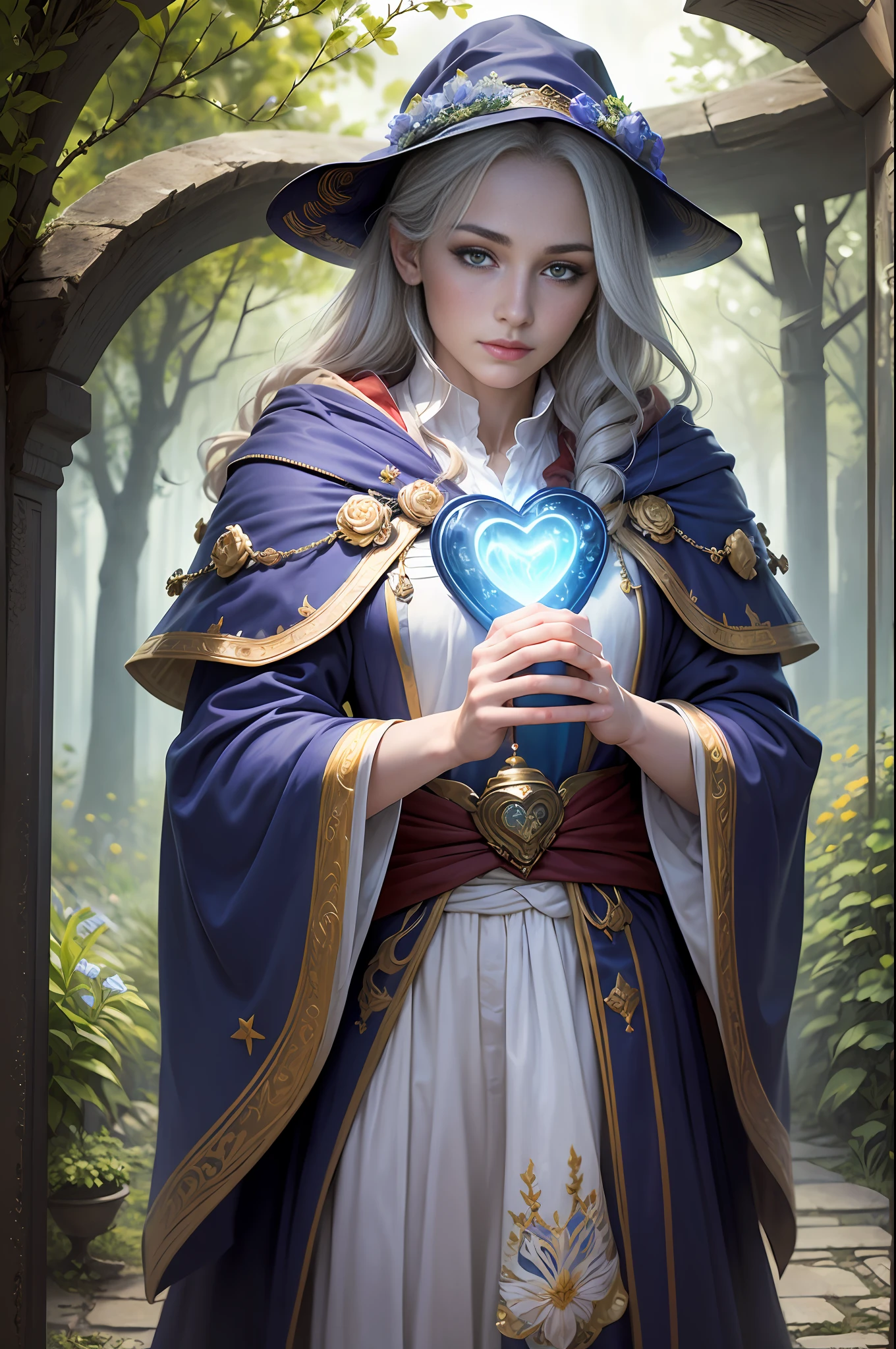 ((Best quality)), ((masterpiece)), ((realistic)), ((beautiful pretty wizard )) , in a beautiful garden, during a blue thunderstorm, at midnight, wearing pretty robes and ((holding heart shining stone)), casting spells to summon the spirits of the love, flower blooming from their fingertips, on eye level, scenic, masterpiece. --auto --s2