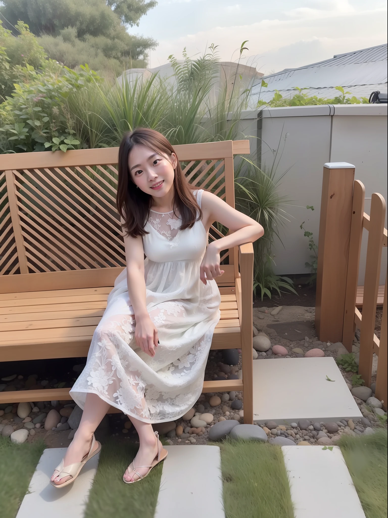 there is a woman sitting on a bench in a white dress, wearing a cute white dress, xintong chen, wearing along white dress, 2 9 years old, 2 8 years old, wenfei ye, on the garden, 2 7 years old, 🤬 🤮 💕 🎀, wearing in a summer dress, 3 2 - year - old, Wearing a white dress, Fanart