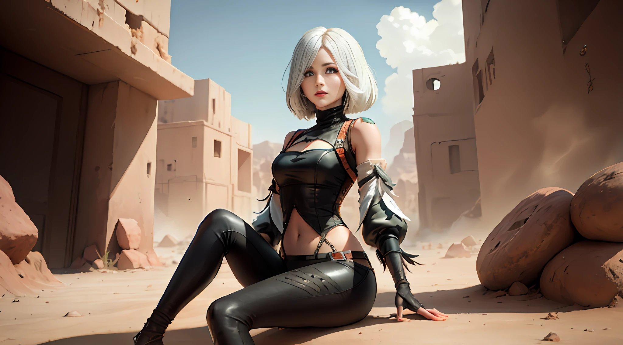 yorha no. 2 tipo b, 1 petite girl, (con los ojos vendados), full body, desde abajo, senos, escote, escote recortado, ropa recortada, falda muy corta, cabello entre ojos, banda para el cabello, high resolusion, hiper realista, In a post-apocalyptic desert city, desierto, mangas estilo julieta, mangas largas, nier (serie), Nier autómatas, mangas abullonadas, labios rojos, cara sombreada, cabello corto, solo, cuello alto, cuerpo entero, cabello blanco, cielo
