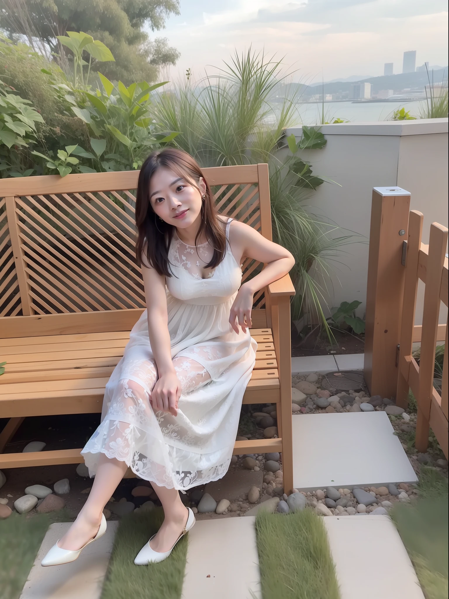 there is a woman sitting on a bench in a white dress, wearing a cute white dress, xintong chen, wearing along white dress, 2 , 2 8 years old, on the garden, 2 7 years old, 🤬 🤮 💕 🎀, a summer dress, 3 2 - year - old, Wearing a white dress, Fanart
