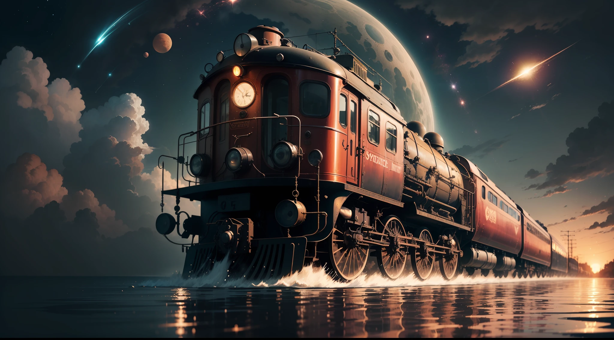 (train, running on water, misteryous, steampunk style, surrealism, masterpiece),train track, magicle water,red water,stars, cosmos, high details, artistic, contrast,shadows, gorgeous, old, cinematic, high details, BREAK ((splash)), velocity, planet on sky, symetric, gorgeous,, perfect, depth, windy, happy, freedom, magicle, impossible, traced lights, wallpaper