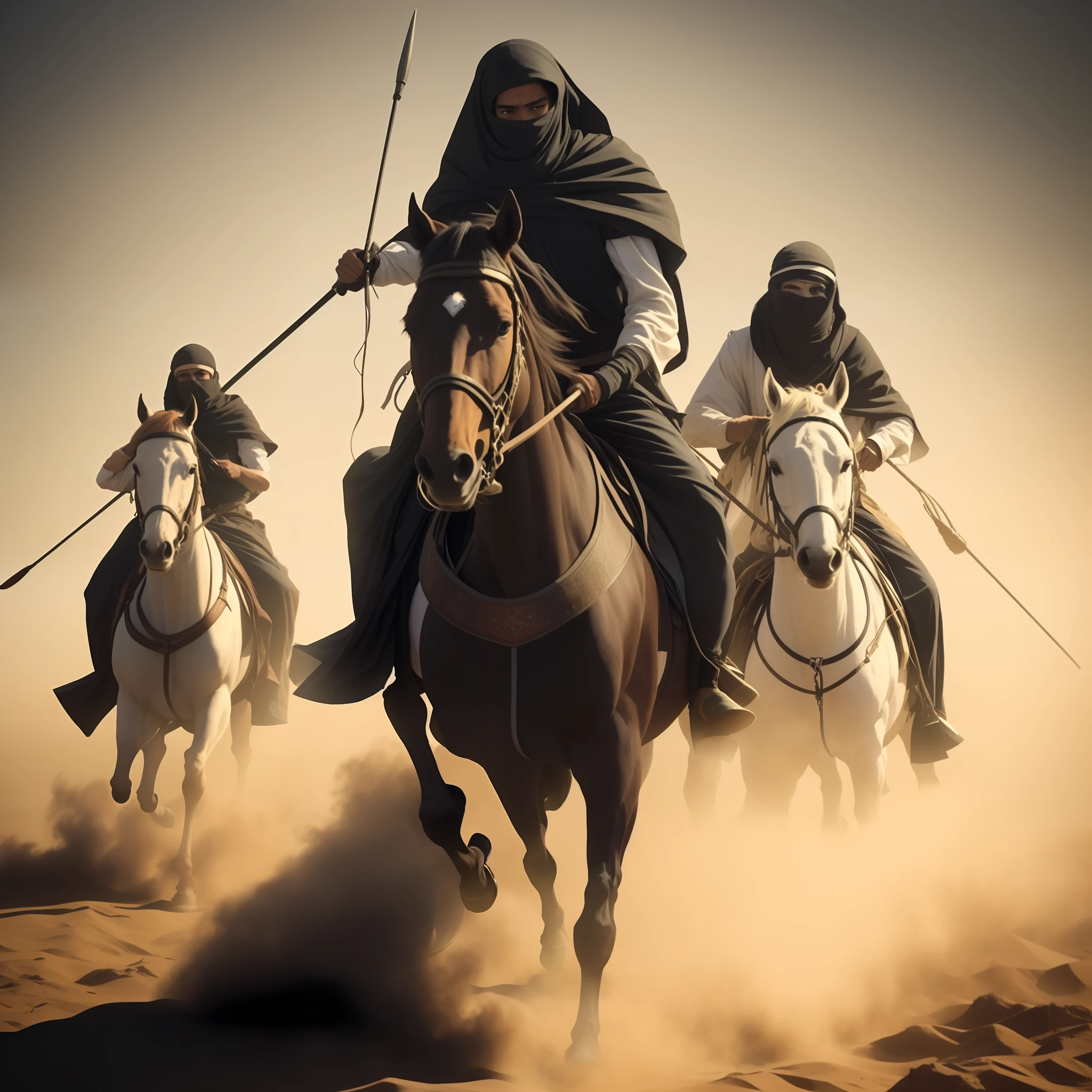 three men in black robes riding horses in the desert, arabian samurai, arabian art, Directed by: Fabien Charuau, Passeio a cavalo no Saara, epic sandstorm battle, Cruzando o deserto, carga de cavalaria, andar a cavalo!!! no Saara, Cavaleiros do Apocalipse, Directed by: Farid Mansour, Tuareg, Quatro Cavaleiros do Apocalipse, durante tempestade de areia