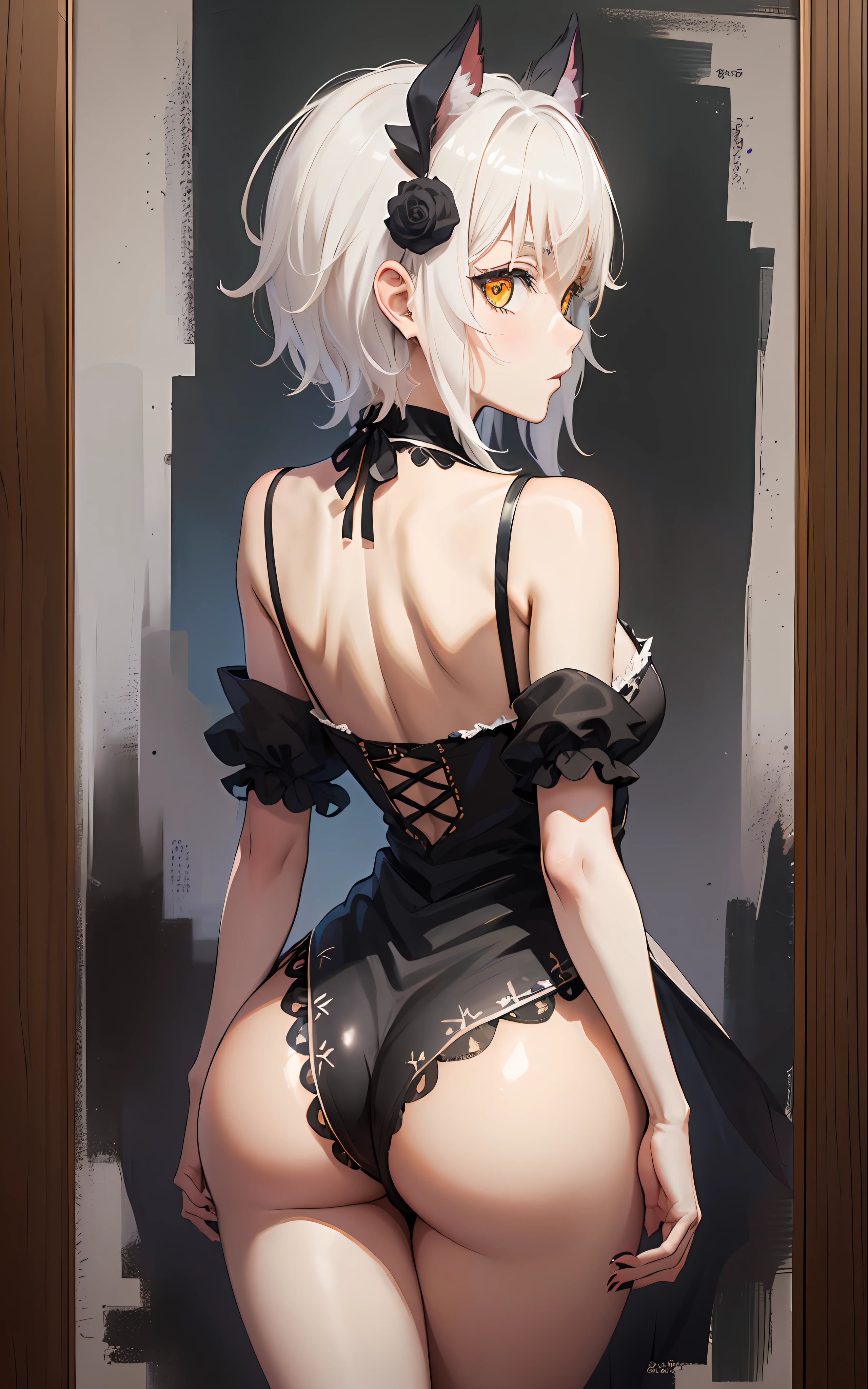 black negligee, short shorts, collarbone, masterpiece, best quality, highres, dark persona, watercolor painting theme, rear view, (looking at the viewer: 1.1), wide hips, big ass, tojou koneko, yellow eyes, white hair, short hair, hair ornament, striped shirt, black neck ribbon, rear view