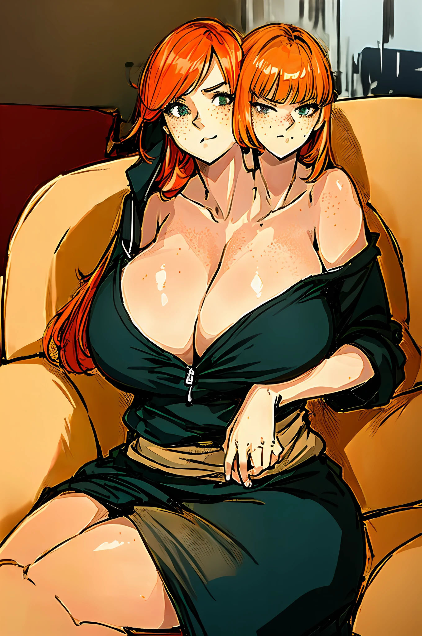 2heads, a short chubby woman with 2 heads. Her breasts are enormous. She is wearing a hoodie and sweatpants. She is pouting. She has messy long orange hair. She has freckles. Her breasts are massive. She is sitting on a couch. Huge boobs.