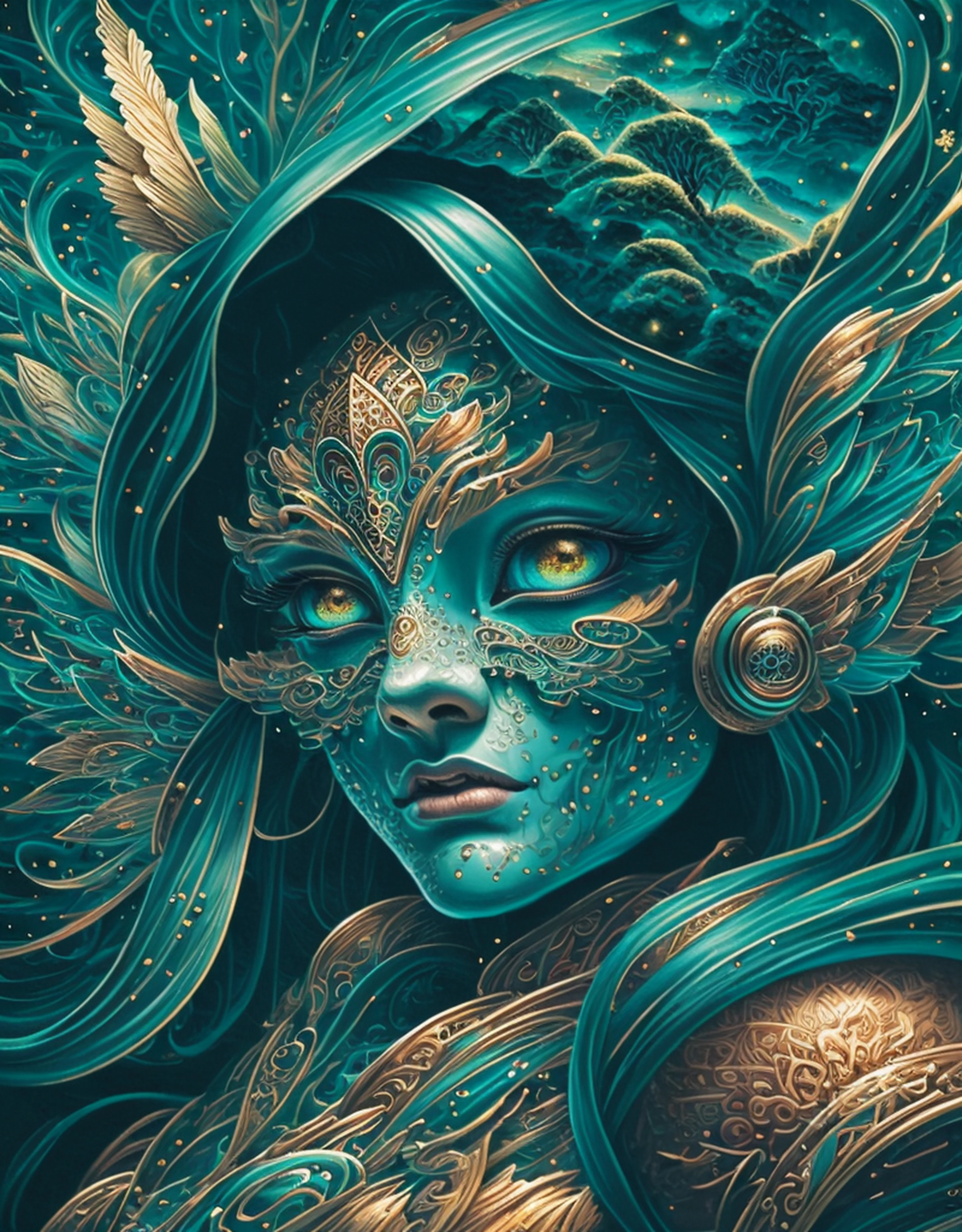 (masterpiece), best surreal masterpiece, top quality, best quality, official art, beautiful and aesthetic:1.2) , green skin godess and god ,children ,extreme detailed,colorful,highest detailed, official art, gold leaf ,glitter art ,unity 8k wallpaper, ultra detailed, beautiful and aesthetic, beautiful,fractal art, mystical and otherworldly, with intricate fur and piercing eyes, in the breathtaking mountain landscape of NCWinters ,alex grey ,psychedelic, dmt