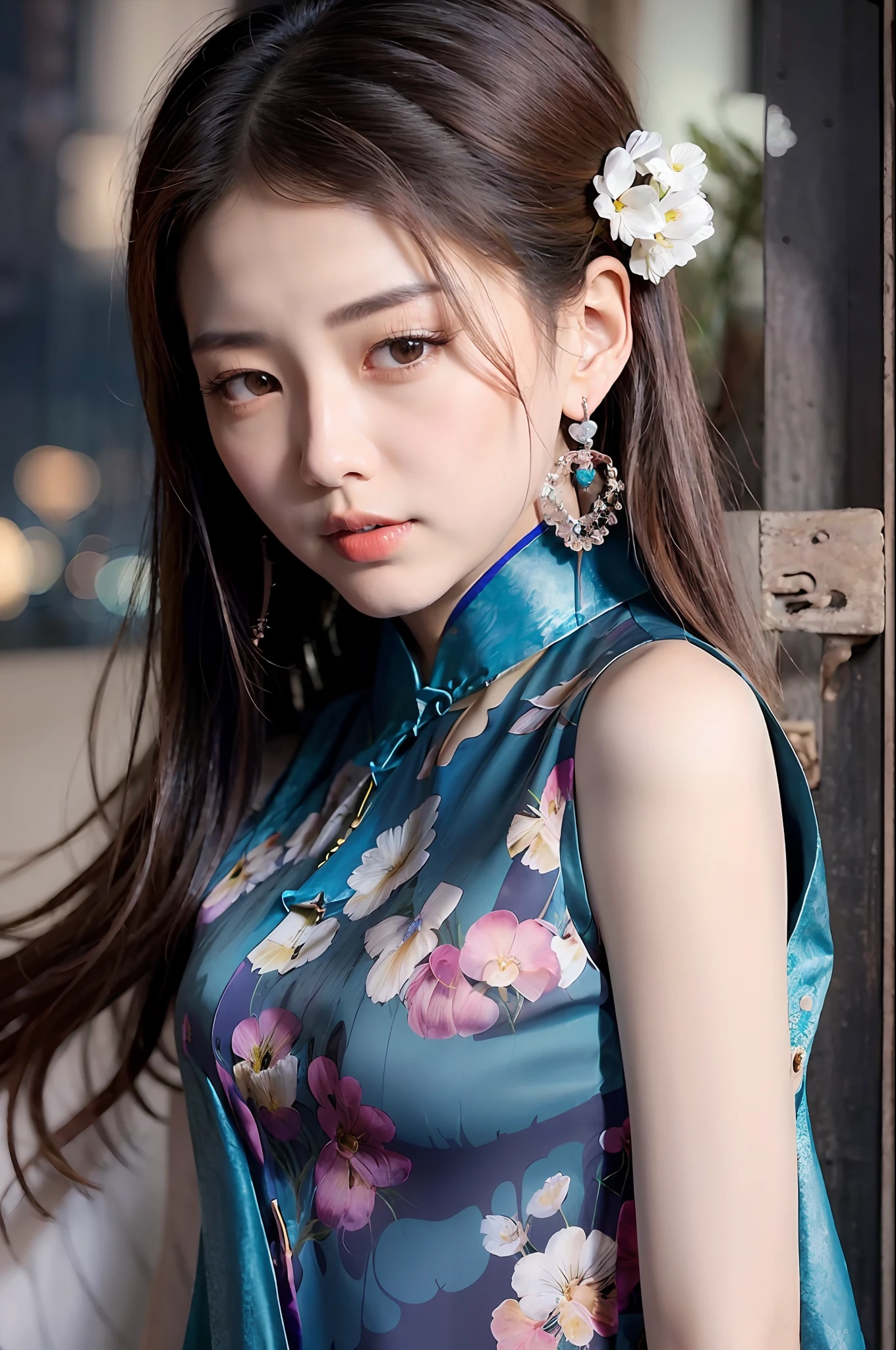 (sleeveless chinese clothes:1.5),  floral print,  (night cityscape background:1.5), (1girl:1.6),   long hair, ulzzang-6500v1.1, (original: 1.2), (realistic: 1.3) , beautiful girl with beautiful details, extremely detailed eyes and face, eyes with beautiful details, absurd, incredibly absurd, huge file size, ultra detail, high resolution, ultra detailed, best quality, masterpiece, illustration, ultra detailed and beautiful, ultra detailed, CG, unity, 8k wallpaper, amazing, fine Detail, masterpiece, top quality, official art, extremely detailed CG unity 8k wallpaper, cinematic lighting, (perfect shiny skin:0.6), slim and smooth lines, (floating), (small breasts:1),  diamond earrings,