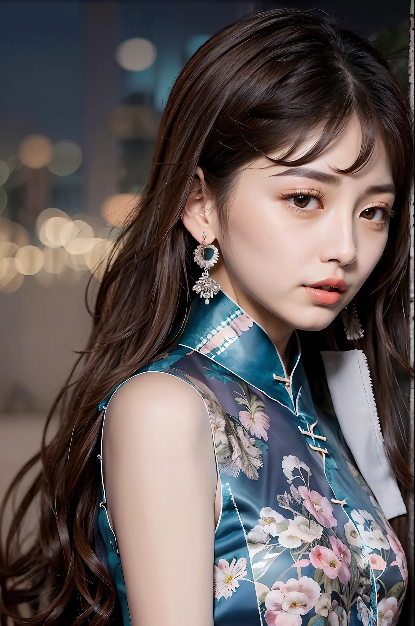 (sleeveless chinese clothes:1.5),  floral print,  (night cityscape background:1.5), (1girl:1.6),   long hair, ulzzang-6500v1.1, (original: 1.2), (realistic: 1.3) , beautiful girl with beautiful details, extremely detailed eyes and face, eyes with beautiful details, absurd, incredibly absurd, huge file size, ultra detail, high resolution, ultra detailed, best quality, masterpiece, illustration, ultra detailed and beautiful, ultra detailed, CG, unity, 8k wallpaper, amazing, fine Detail, masterpiece, top quality, official art, extremely detailed CG unity 8k wallpaper, cinematic lighting, (perfect shiny skin:0.6), slim and smooth lines, (floating), (small breasts:1),  diamond earrings,