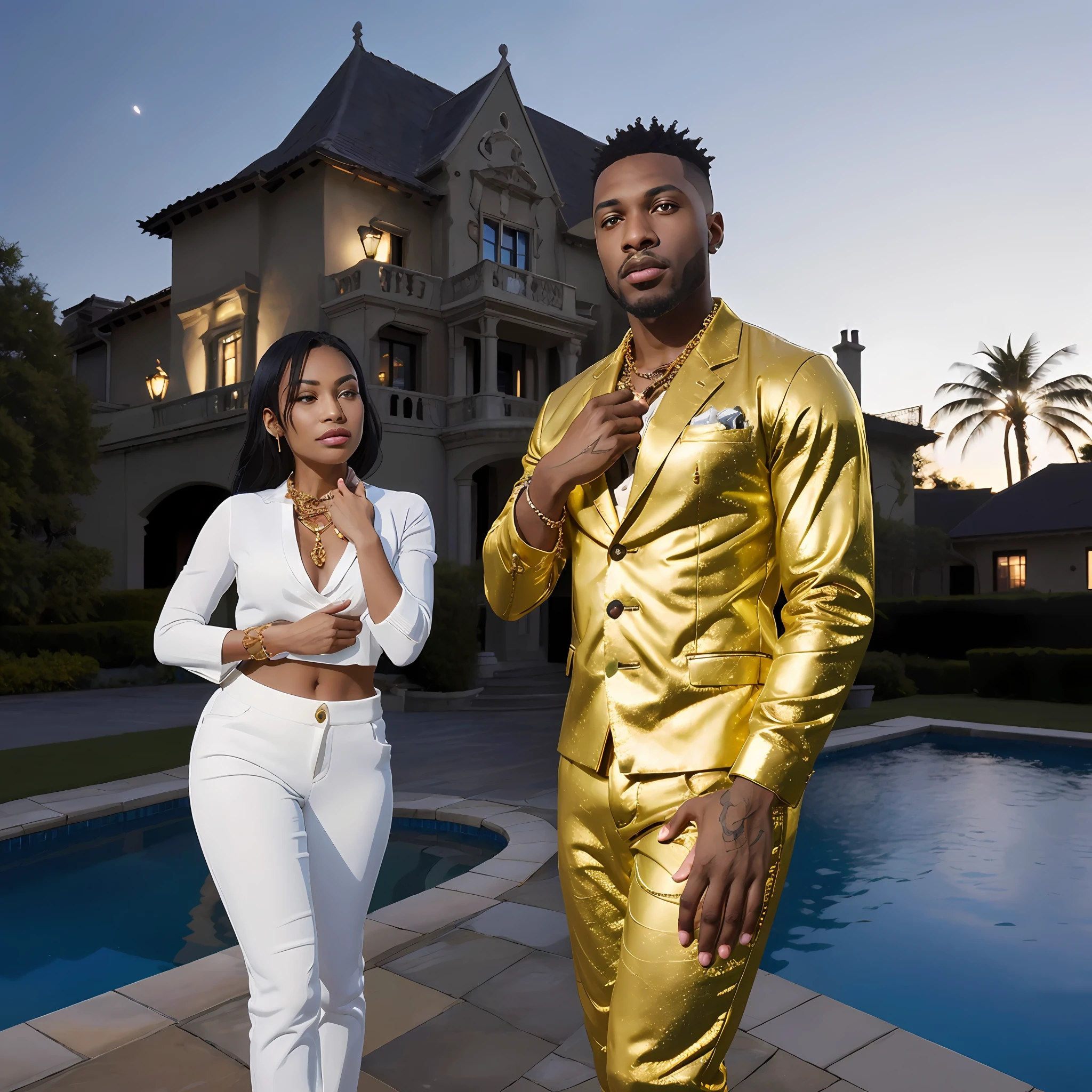 black male rapper Gangsters couple, money in hand, gold chains around their necks, gold teeth, luxury cars in background, designer rapper gold clothes, Mansion compound setting, fountain, fireworks in the sky (natural skin texture, hyperrealism, soft light, sharp), front view, full body shot, night time, mansion light illumination