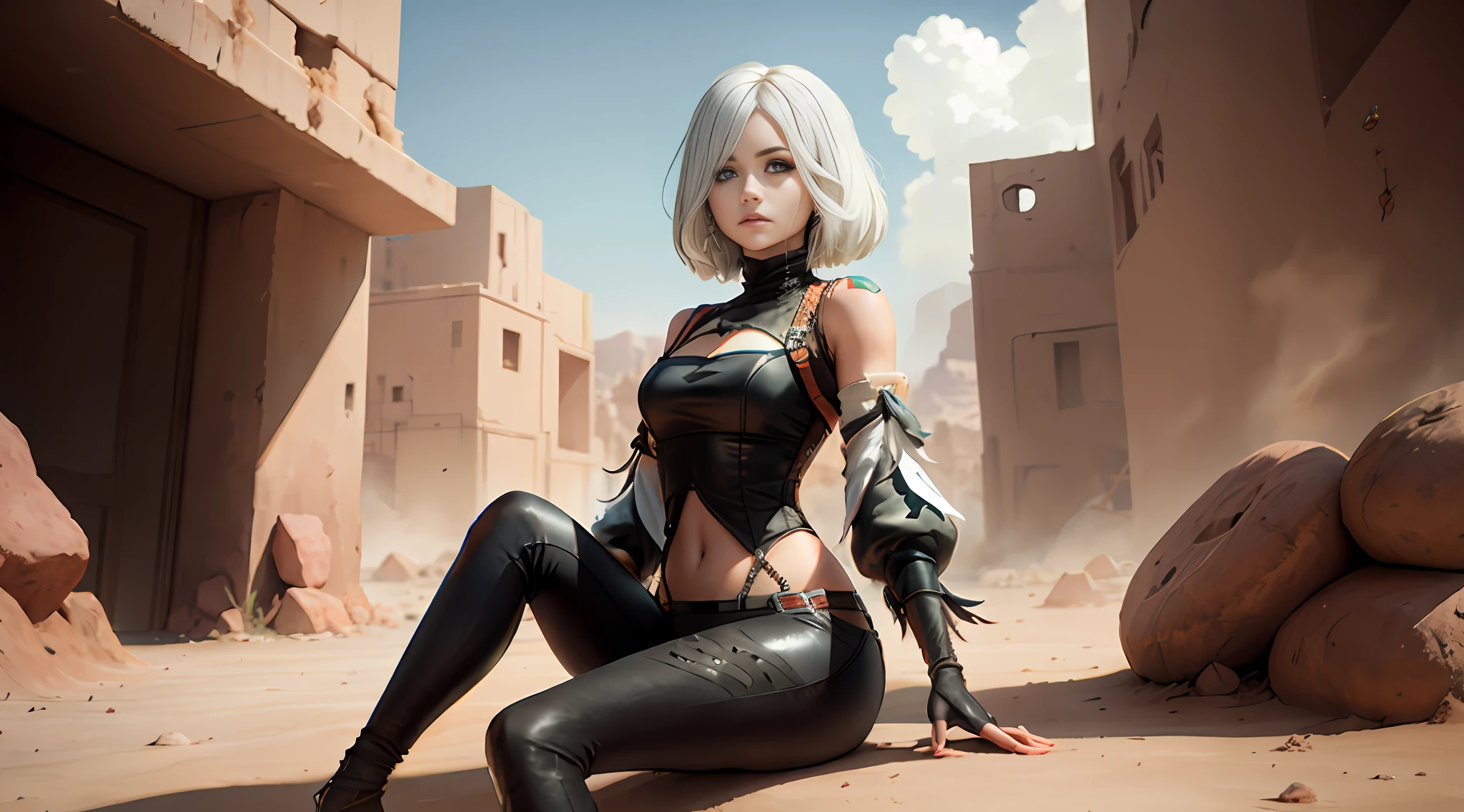 yorha no. 2 tipo b, 1 petite girl, (con los ojos vendados), full body, desde abajo, senos, escote, escote recortado, ropa recortada, falda muy corta, cabello entre ojos, banda para el cabello, high resolusion, hiper realista, In a post-apocalyptic desert city, desierto, mangas estilo julieta, mangas largas, nier (serie), Nier autómatas, mangas abullonadas, labios rojos, cara sombreada, cabello corto, solo, cuello alto, cuerpo entero, cabello blanco, cielo