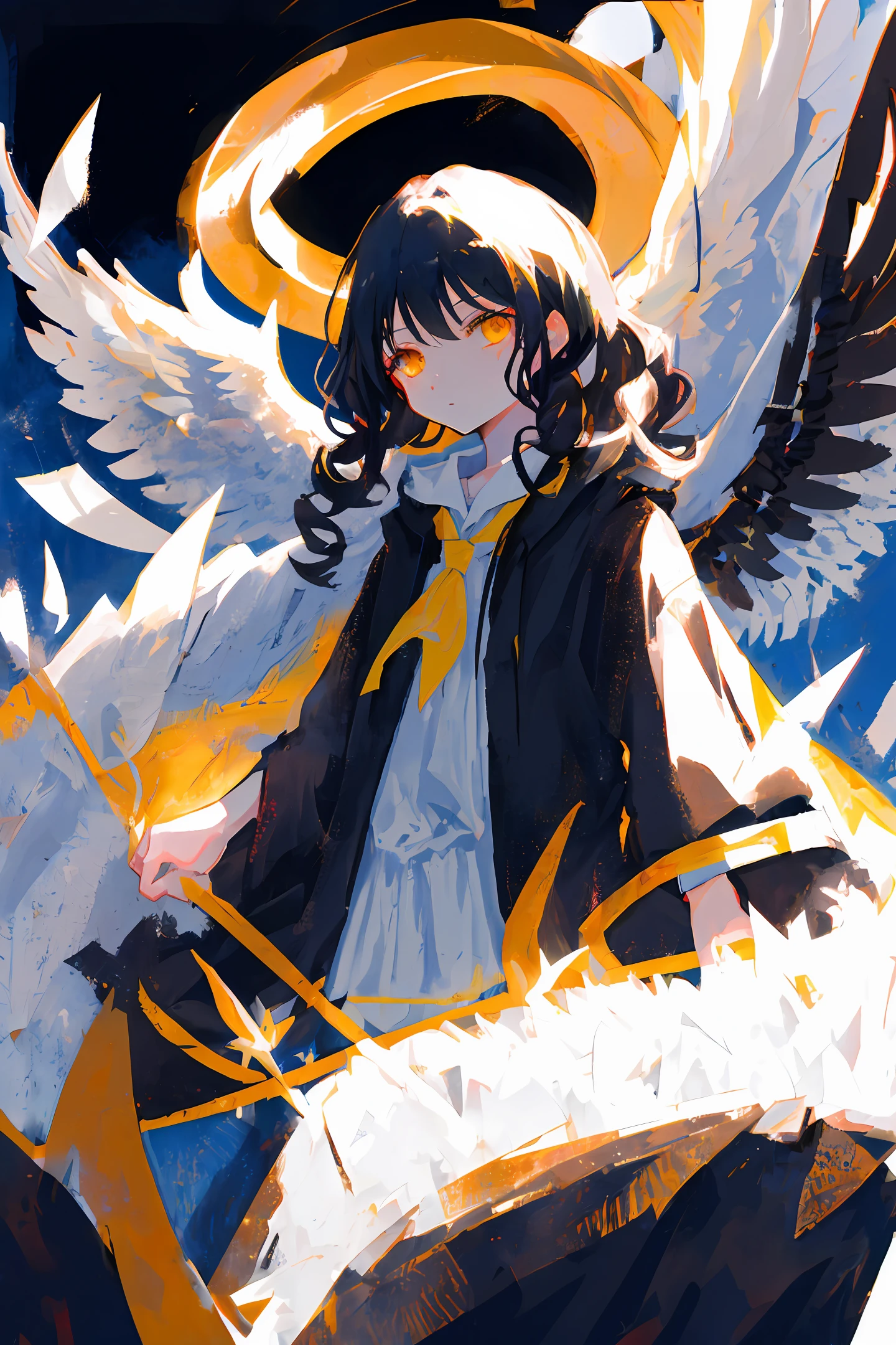 Black wings,Long white curly hair,Angel wings,Grim expression,15-year-old beautiful girl,Heteropupil,demonic,Yellow light emits around the body,Ambient light,black toga,mistic