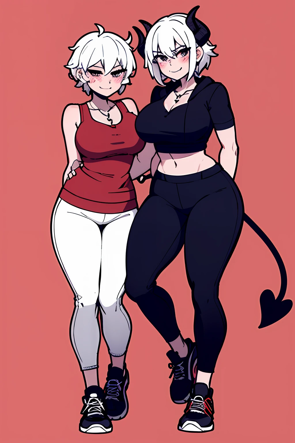 2 girls, close together, height difference, hand on another's head, short and tall, short sleeve hoodie, black fingerless gloves, breasts, arms at sides, wide hips, blush, blushing, thick thighs, night, cross necklace, heart eyes, full body shot, horns on head, demon tail, black white and red outfit, red black and white background colors, black cargo shorts, white hair, tomboy, tall, short hair, smirk, smug, sneakers, running shoes, rolled up pants, exposed calf's, exposed thighs, gym clothes, tank top,