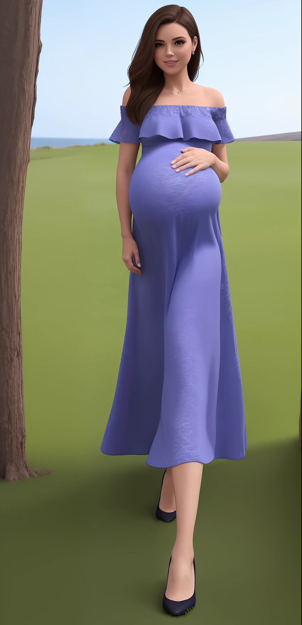 Create a version of me pregnant, com um vestido azul Royal bem longo em um campo