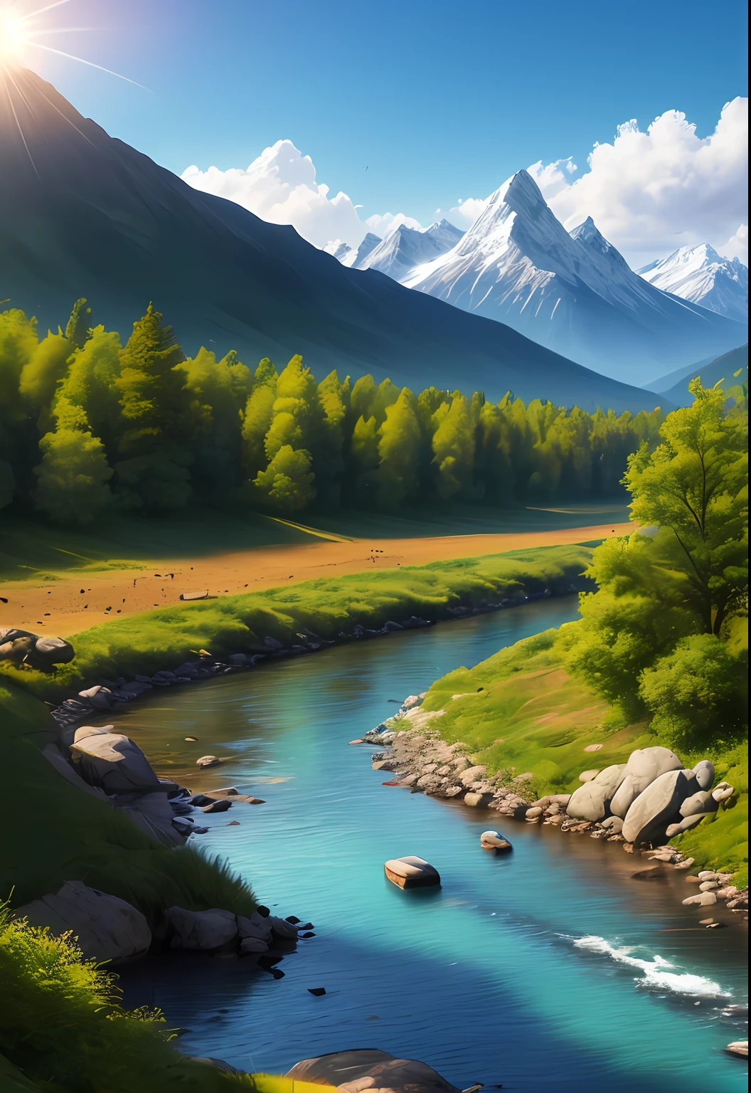 landscape, river, mountains, birds, sun (extremely detailed 8k wallpaper), and photorealistic