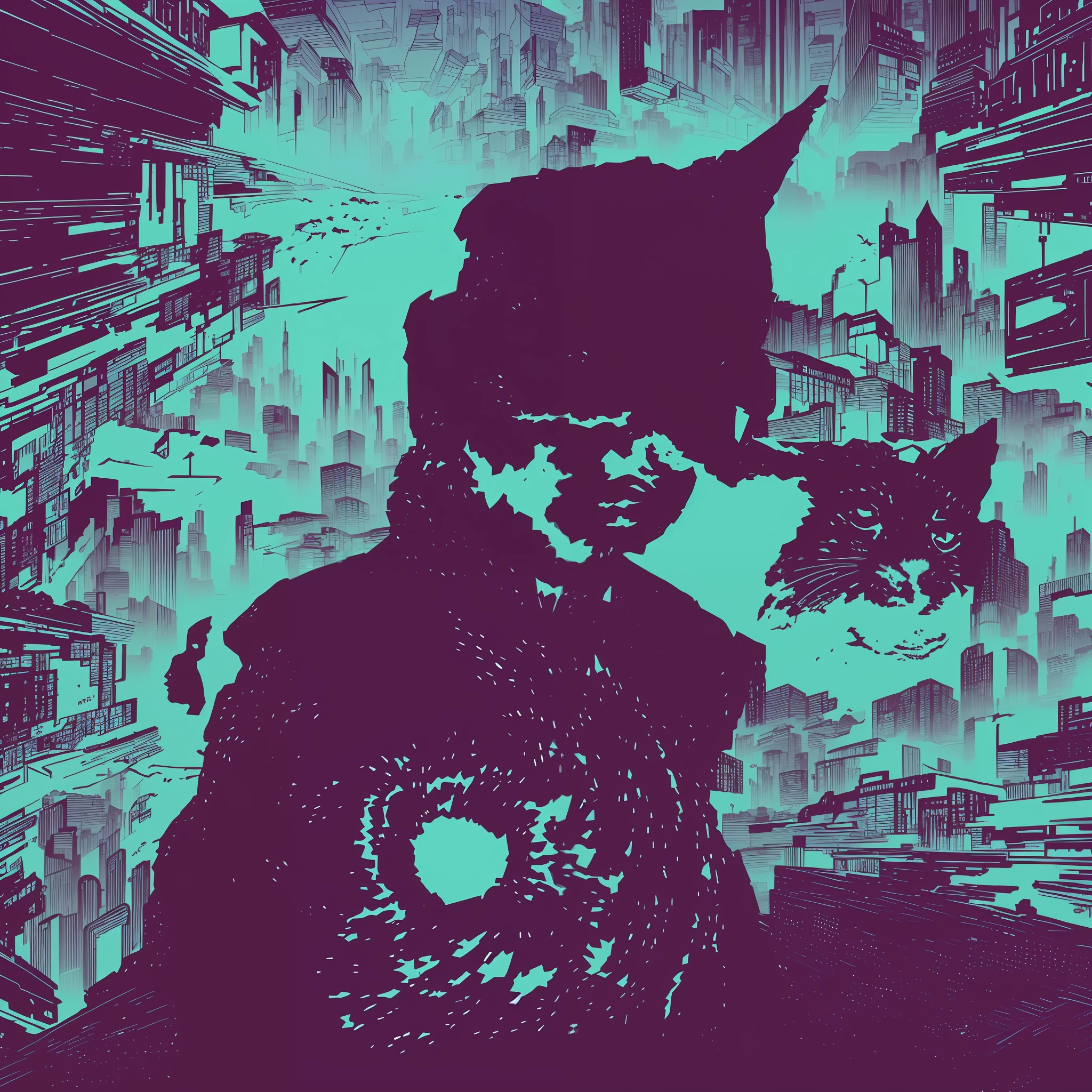 a close up of a person with a cat head and a gun, in illustration style digital, ImagineFX, Estilo de arte cyberpunk, no estilo cyberpunk, Imagine FX, Estilo de Arte Synthwave, Estilo de Arte Synthwave ]!!, digital concept art illustration, Estilo de arte cyberpunk, Art Deco de uma mulher espacial, an anthropomorphic cyberpunk fox, Estilo de arte futurista