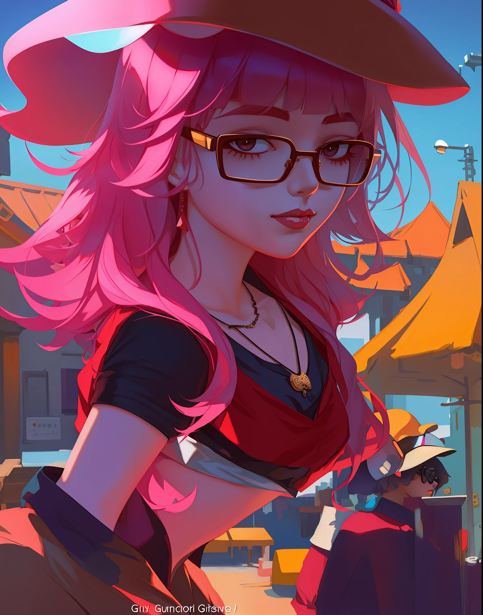 anime girl with glasses and a pink hat and necklace, artwork in the style of guweiz, guweiz, inspired by Yanjun Cheng, guweiz masterpiece, by Yanjun Cheng, guweiz on pixiv artstation, guweiz on artstation pixiv, detailed digital anime art, anime style. 8k, digital anime illustration