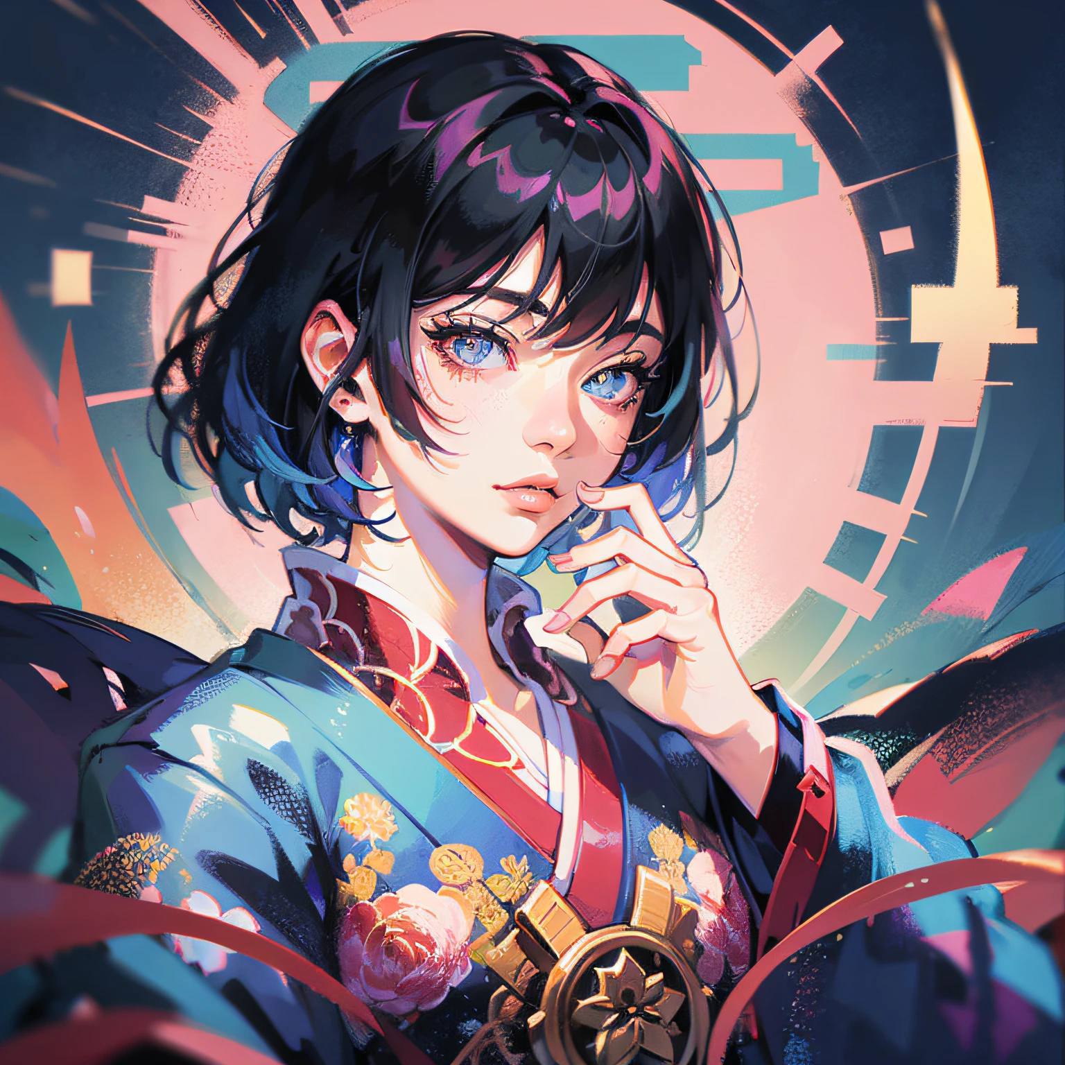 onmyoji,Japanese woman, hyper-detailing, warm tones, intricate details, volumetric, art by Iliya Kuvshinov, a glaring eyes