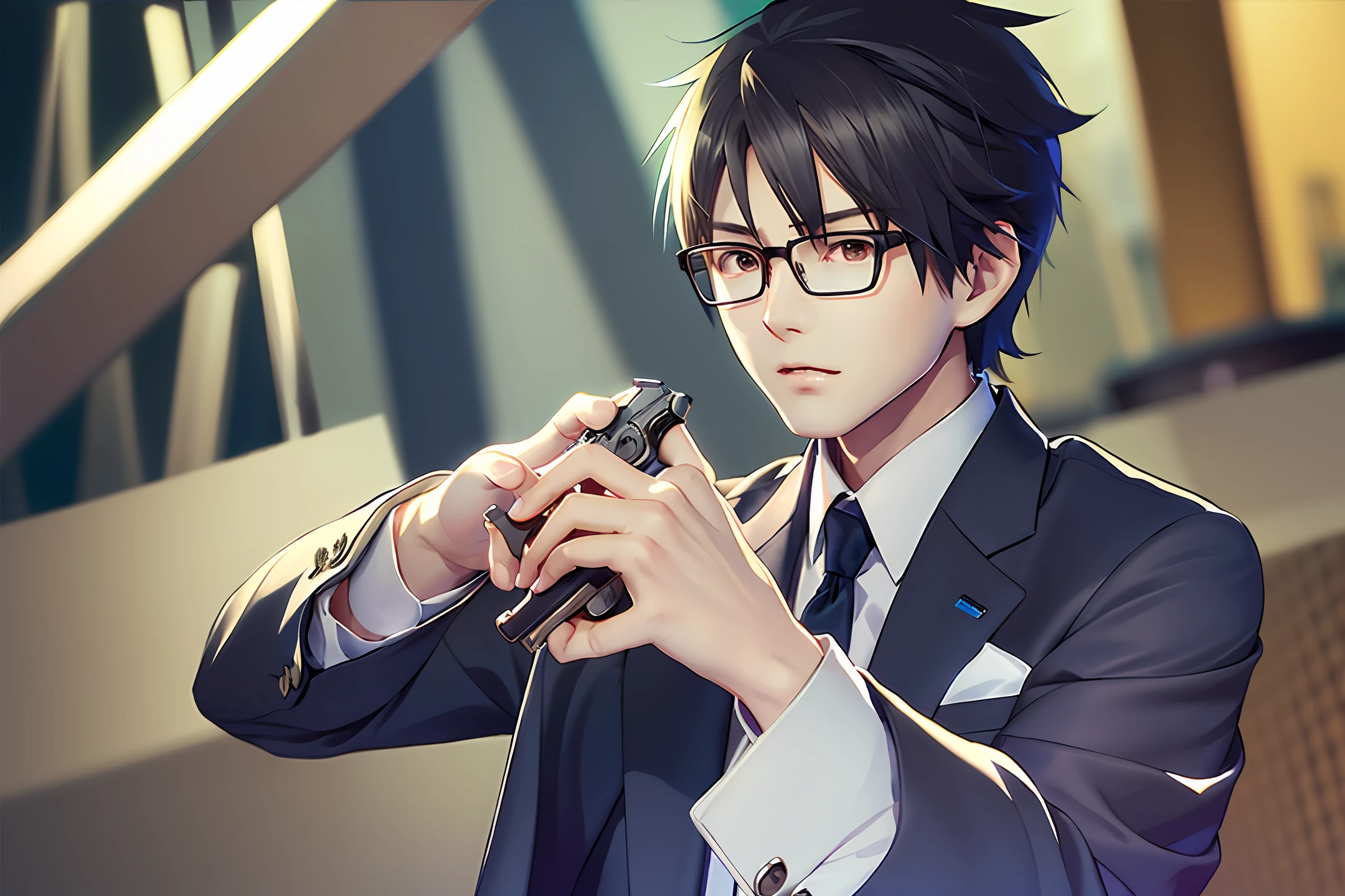 Short haired cut-off boy wears glasses suit with a pistol in each hand anime style