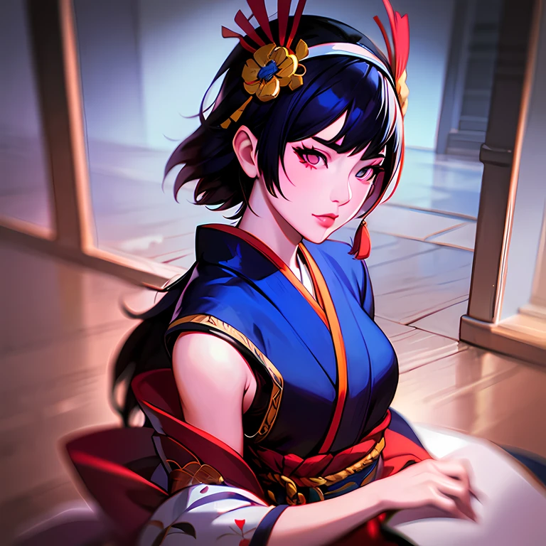 onmyoji,Japanese woman, hyper-detailing, warm tones, intricate details, volumetric, art by Iliya Kuvshinov, a glaring eyes