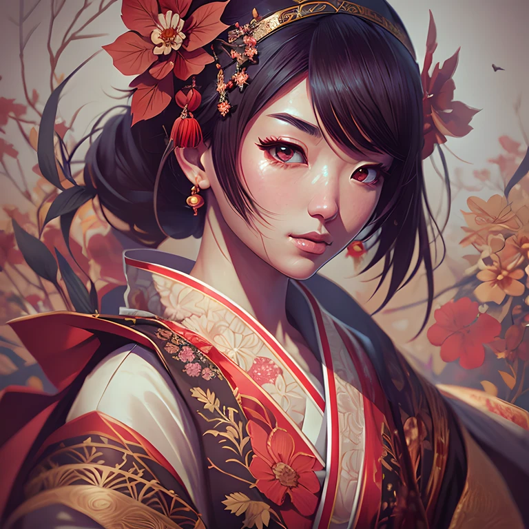 onmyoji,Japanese woman, hyper-detailing, warm tones, intricate details, volumetric, art by Iliya Kuvshinov, a glaring eyes