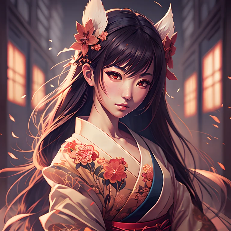onmyoji,Japanese woman, hyper-detailing, warm tones, intricate details, volumetric, art by Iliya Kuvshinov, a glaring eyes