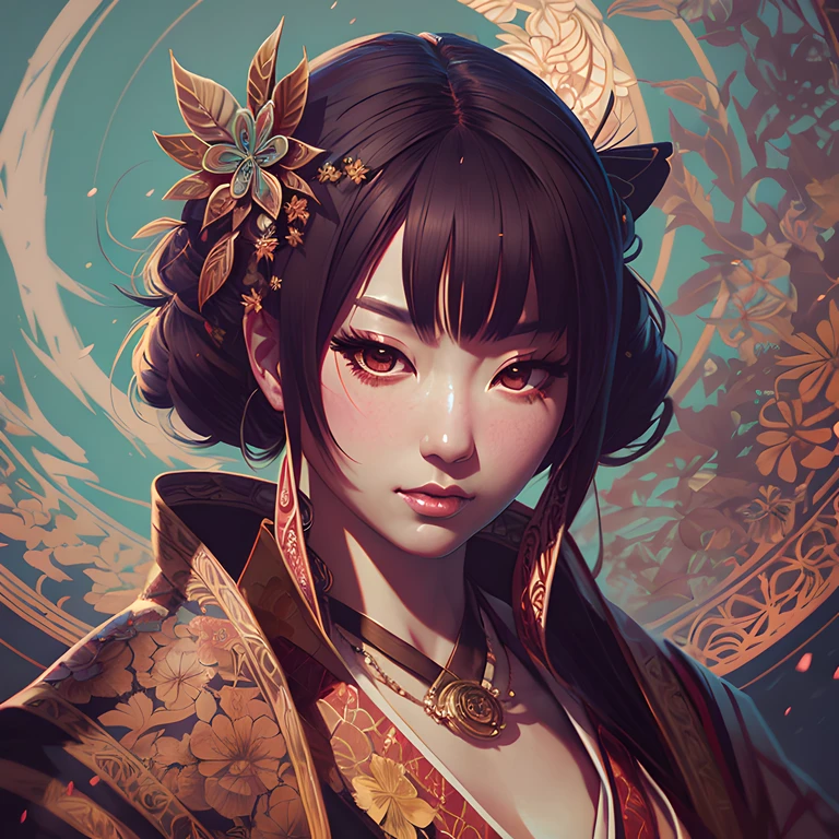 onmyoji,Japanese woman, hyper-detailing, warm tones, intricate details, volumetric, art by Iliya Kuvshinov, a glaring eyes