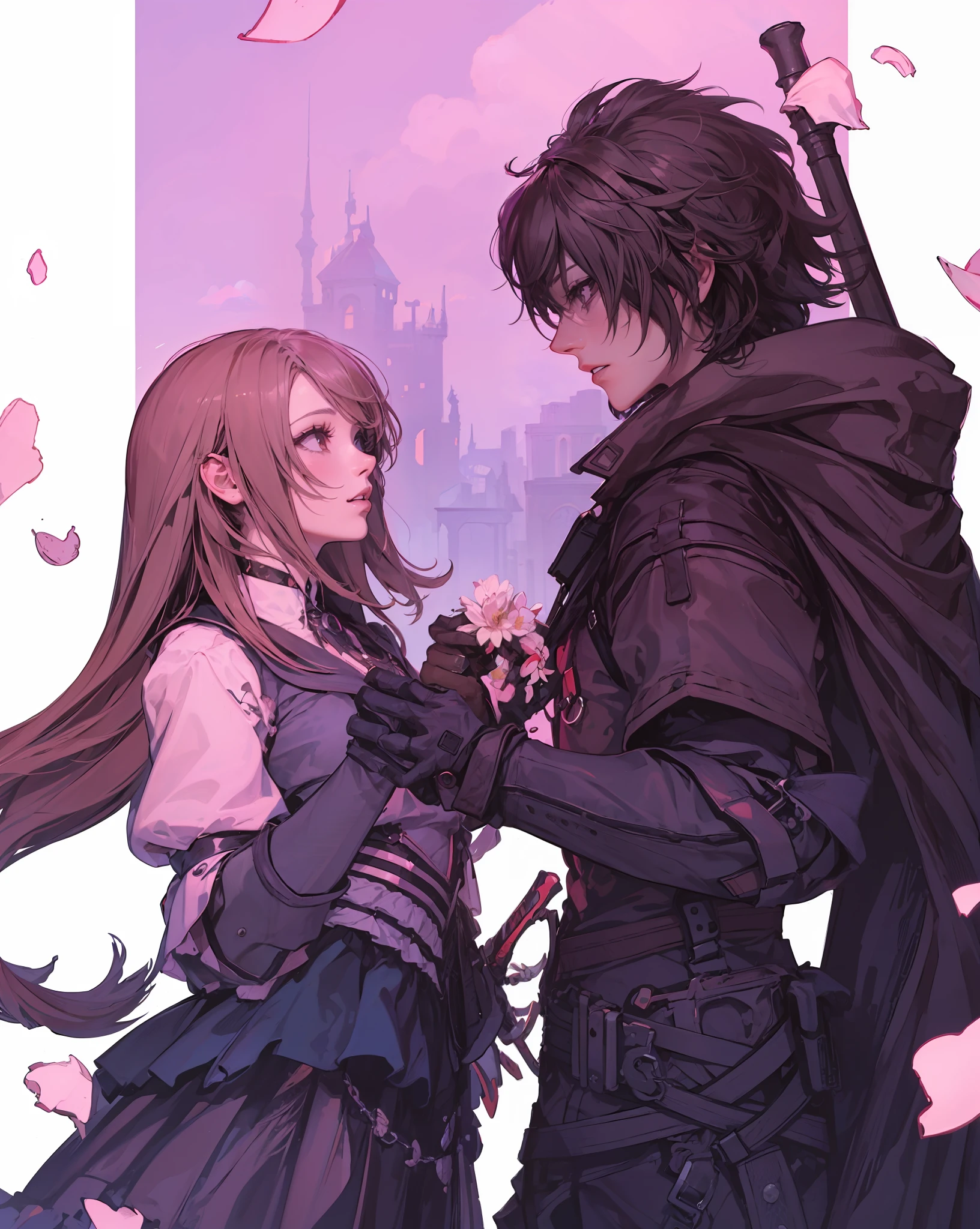 Anime - Imagen de estilo de un hombre y una mujer sosteniendo flores, Arte Zerochan, Caballero y princesa, de final fantasy, Bravely Default II, anime in fantasy style, fanart detallado, Sakimichan y Frank Franzzeta, Fanart de alta calidad, Manga de escenas de castillos, por Kamagurka, Romance de vapor, Corvo Attano, Hidari y Wop, romantic couple