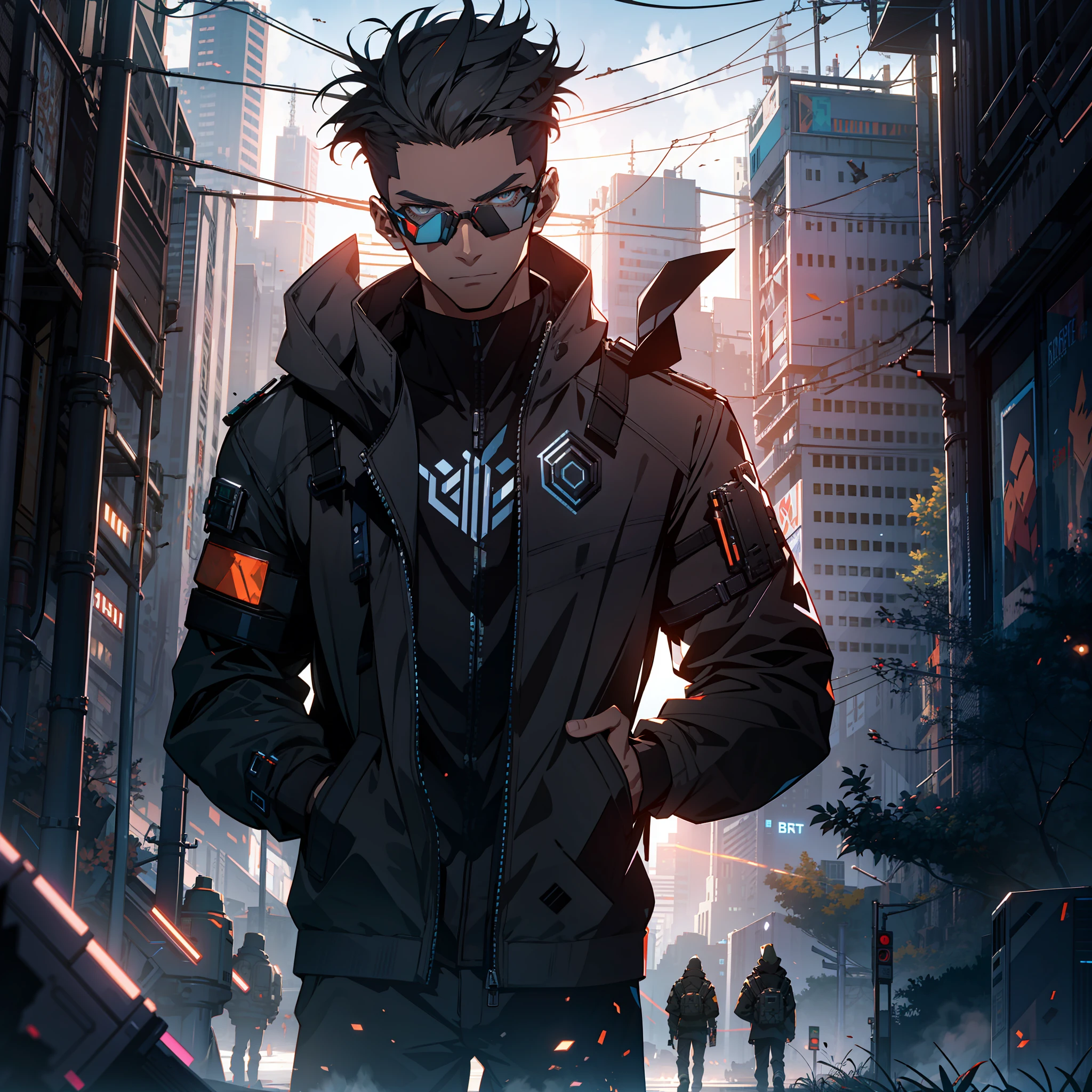 A imagem destaca um personagem masculino em estilo cyberpunk, standing and looking at you. He's tall and slender, with shaved hair on the sides and a long, thin braid falling over his shoulder. He wears a black leather coat with cybernetic details and a pair of augmented reality glasses. His face is angular and marked by cybernetic implants, que brilham suavemente sob a luz fraca do ambiente. He has a confident posture and his gaze is penetrating, conveying a sense of mystery and intensity. The artistic medium is digital illustration, focusing on capturing the aesthetics and atmosphere of cyberpunk. The artists and illustrators who could collaborate on this scene are: Simon Stalenhag, Craig Mullins e o movimento cyberpunk.