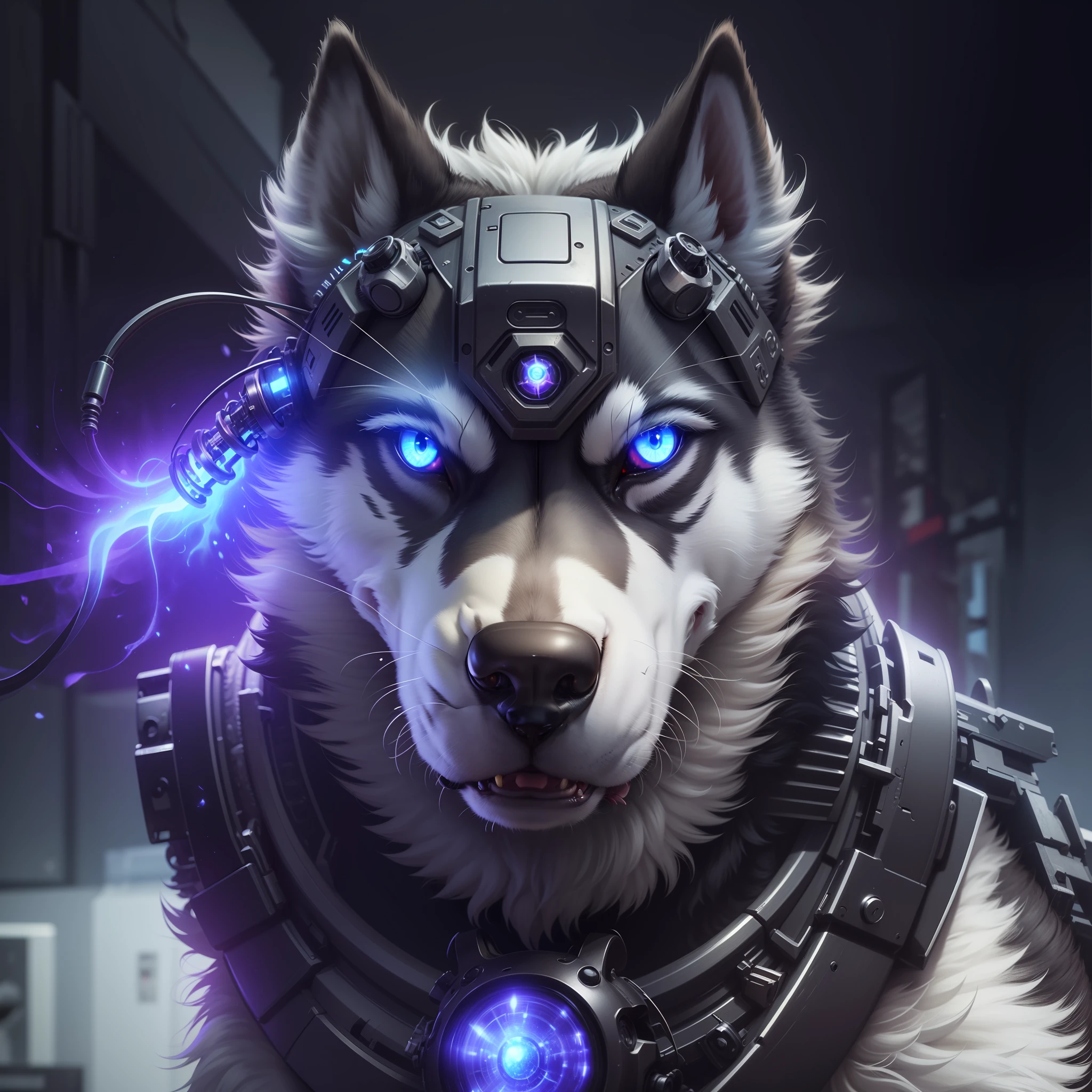 Evil Husky Cyborg, Mechanical parts of the dog's body, Burning eyes, Smiling, 3D, 4k, hyper-detailing, hyper-realism