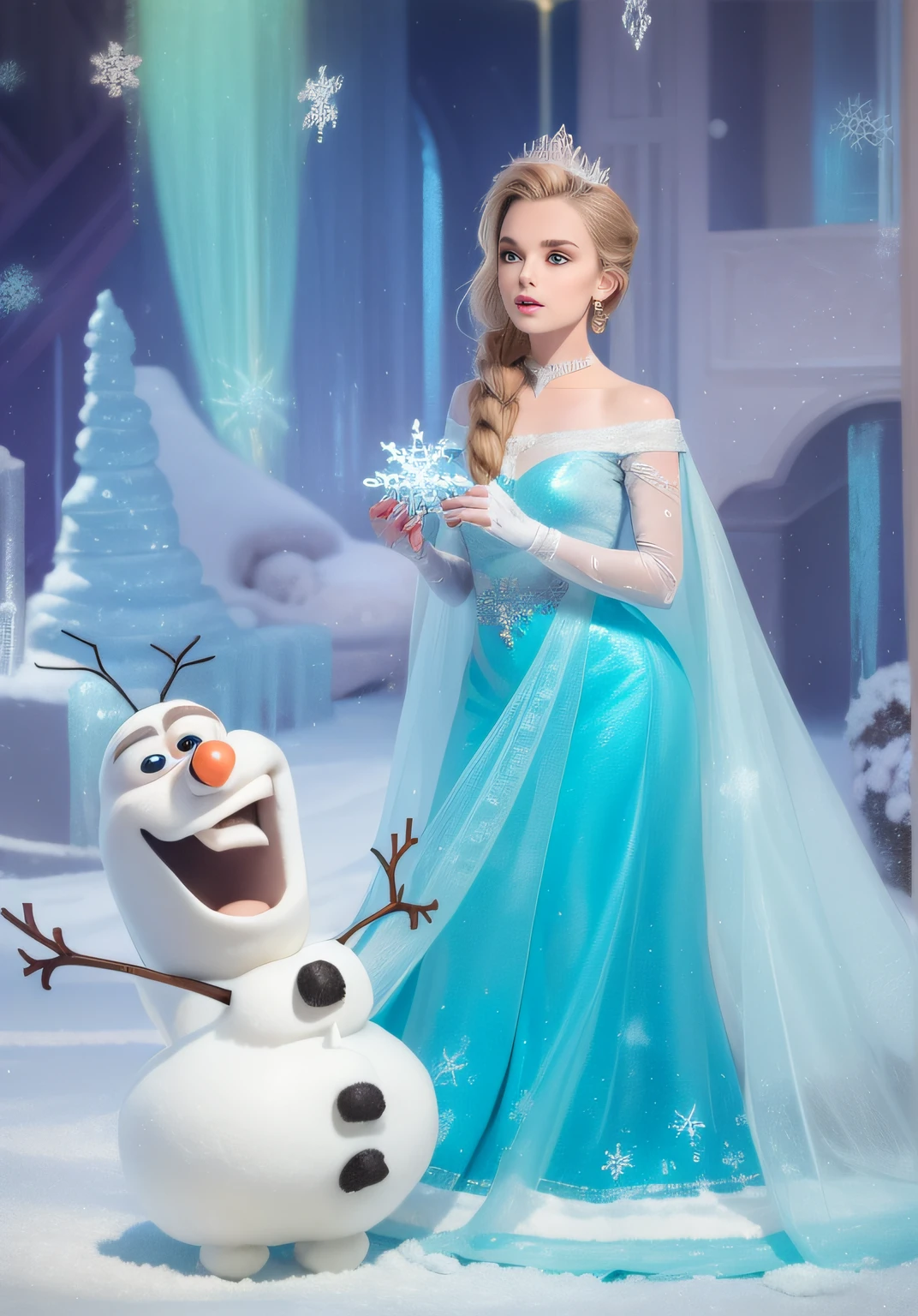 Close-up of a girl in a blue dress and a snowflake in her hands, ice princess, inspired by Olaf Gulbransson, Elsa Frozen, emma watson as the queen of ice, ice queen, elsa from frozen, winter princess, ice queen, inspired by Olaf Rude, queen of ice and storm, beautiful Elsa, Frozen, frozen time effect