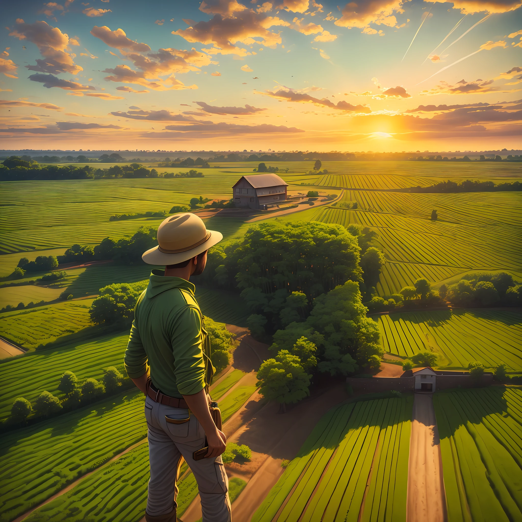 Imagine a scene of a modern farm in full activity, illuminated by the setting sun. In the center of the image, a rugged, experienced farmer, dressed in work clothes, looks up, watching a high-tech drone hovering in the sky. The drone, shining in the sunlight, is equipped with cameras and sensors, representing the fusion of agriculture and technology. The surrounding farm is green and fertile, with rows of plantations stretching to the horizon. Use a high-resolution DSLR camera, such as the Canon EOS 5D Mark IV, with a 50mm lens to capture this scene in vivid detail. The lighting should be natural, with the setting sun providing a golden glow to the scene. The colors should be rich and saturated, with vibrant greens of the plantations and the sky clear blue. The composition should be balanced, with the farmer and the drone in the center, and the vast farm stretching around them. --Air 16:9 --V 5.1 --Style Raw --Q 2 --s 750