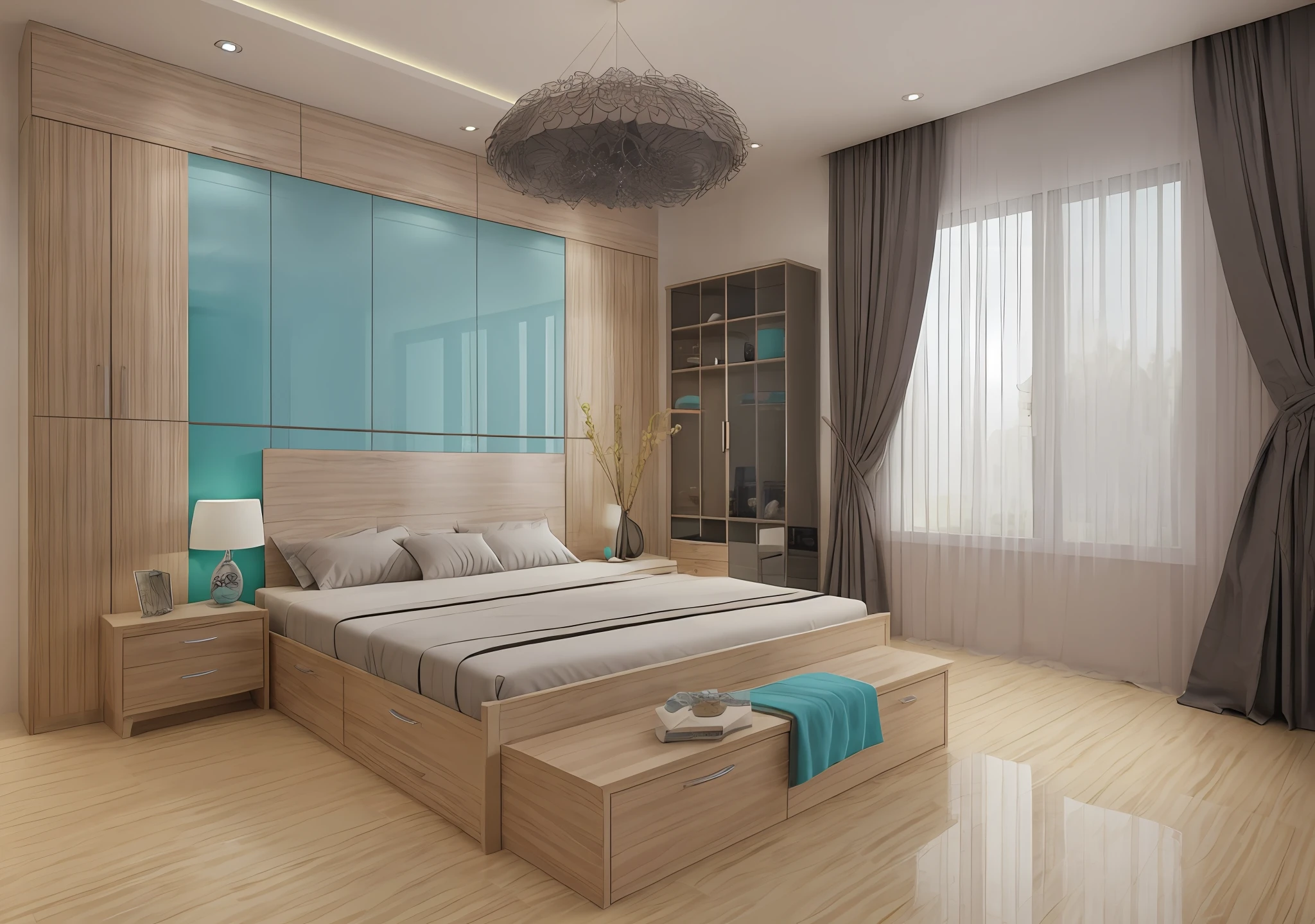 "Masterpiece, premium, best quality, authentic, super detailed, interior, bedroom, 1 brown wood grain bed, 1 mirror, 1 wardrobe gray body white cabinet door, curtains turquoise fabric, black-rimmed windows, (white ceramic tile floor: 1.5), gray carpet, modern style." --auto