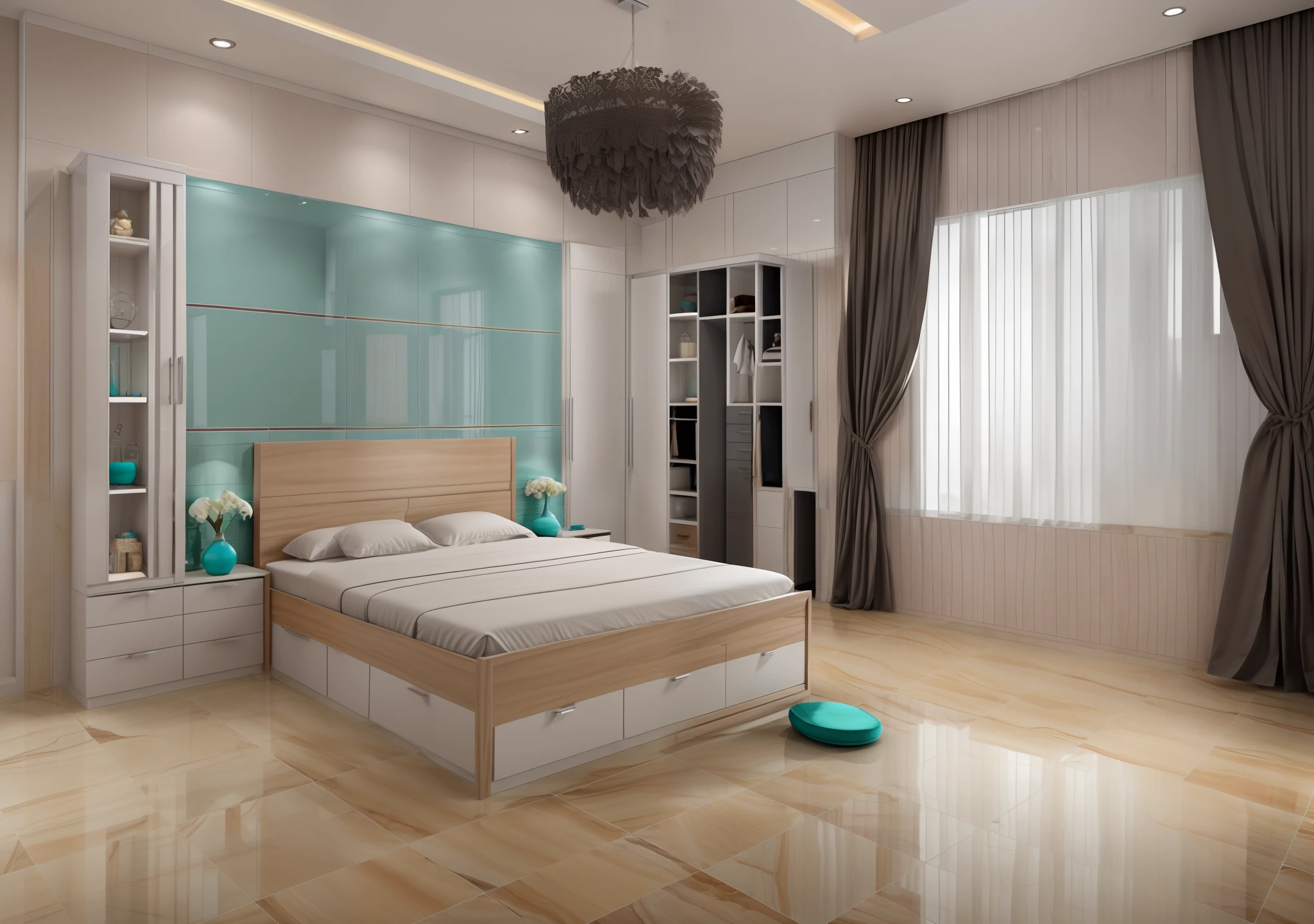 "Masterpiece, premium, best quality, authentic, super detailed, interior, bedroom, 1 brown wood grain bed, 1 mirror, 1 wardrobe gray body white cabinet door, curtains turquoise fabric, black-rimmed windows, (white ceramic tile floor:1.5), gray carpet, modern style."
