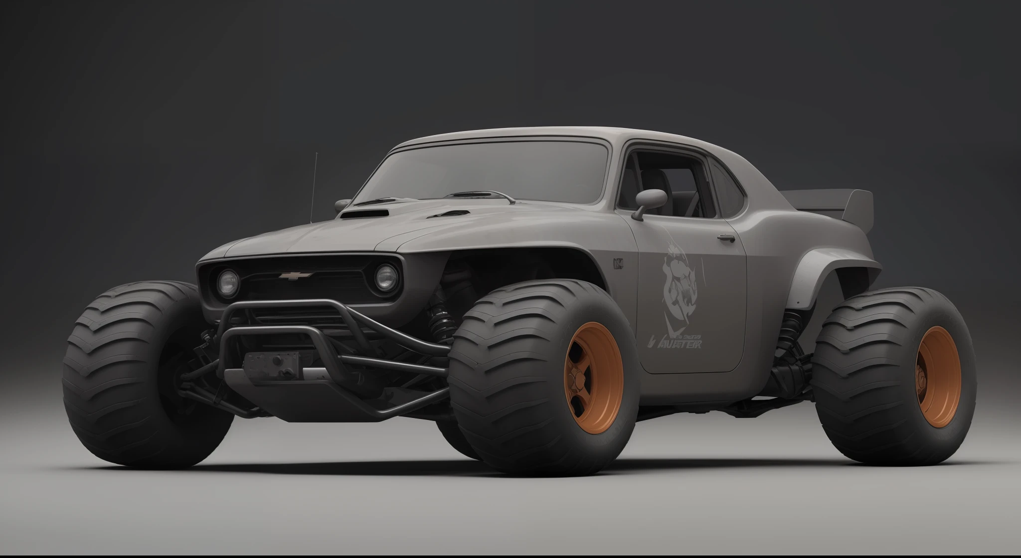 (((low-slung tuned futuristic cyberpunk mate brown badass rat rod zeekar))) hotrod, at the parking lot, wide tires, mad max style, muscle car, (chevy camaro) z28, ((1car:1.3)), supercharger, white background, mate finish, dusty, mate simple paintjob, (muddy), 3d render, brown, smooth lines, smooth bodywork, (monster truck), octane render, slick tires
