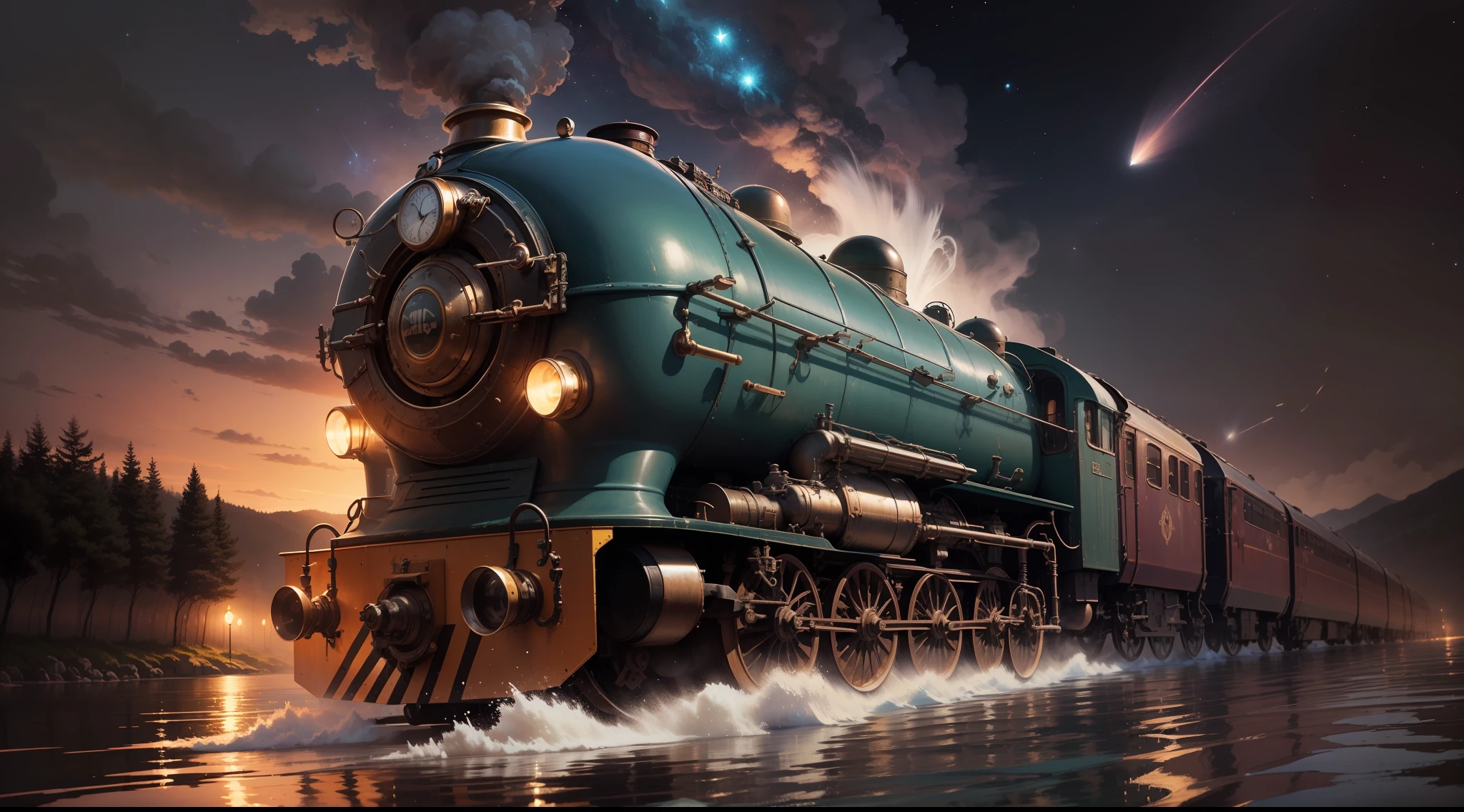 (train, running on water, misteryous, steampunk style, surrealism, masterpiece),train track, magicle water,red water,stars, cosmos, high details, artistic, contrast,shadows, gorgeous, old, cinematic, high details, BREAK ((splash)), velocity, planet on sky, symetric, gorgeous,, perfect, depth, windy, happy, freedom, magicle, impossible, traced lights, wallpaper