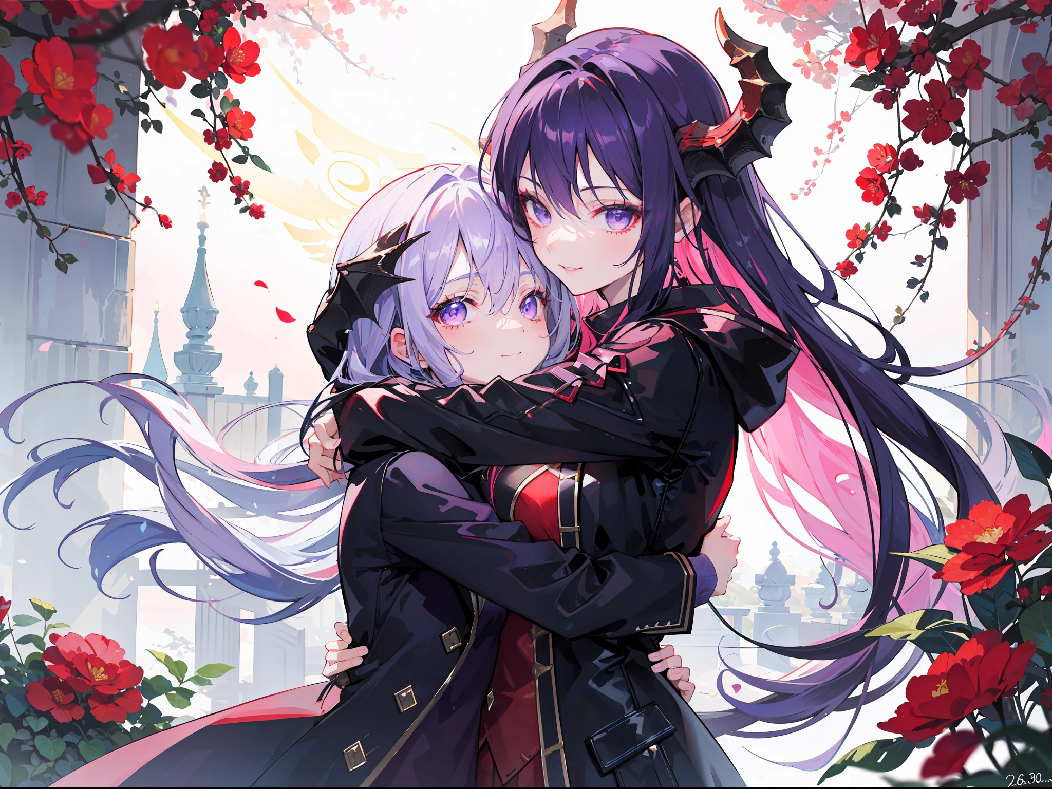 "Epic morning garden atmosphere, stunning 4k artwork featuring a confident adorable cute mature woman dragon-girl with tied up long vibrant light-purple hair. Her captivating, glowing red that illuminate the scene. She wear black coat radiant light, she have cute smile, she intimate hug another girl"