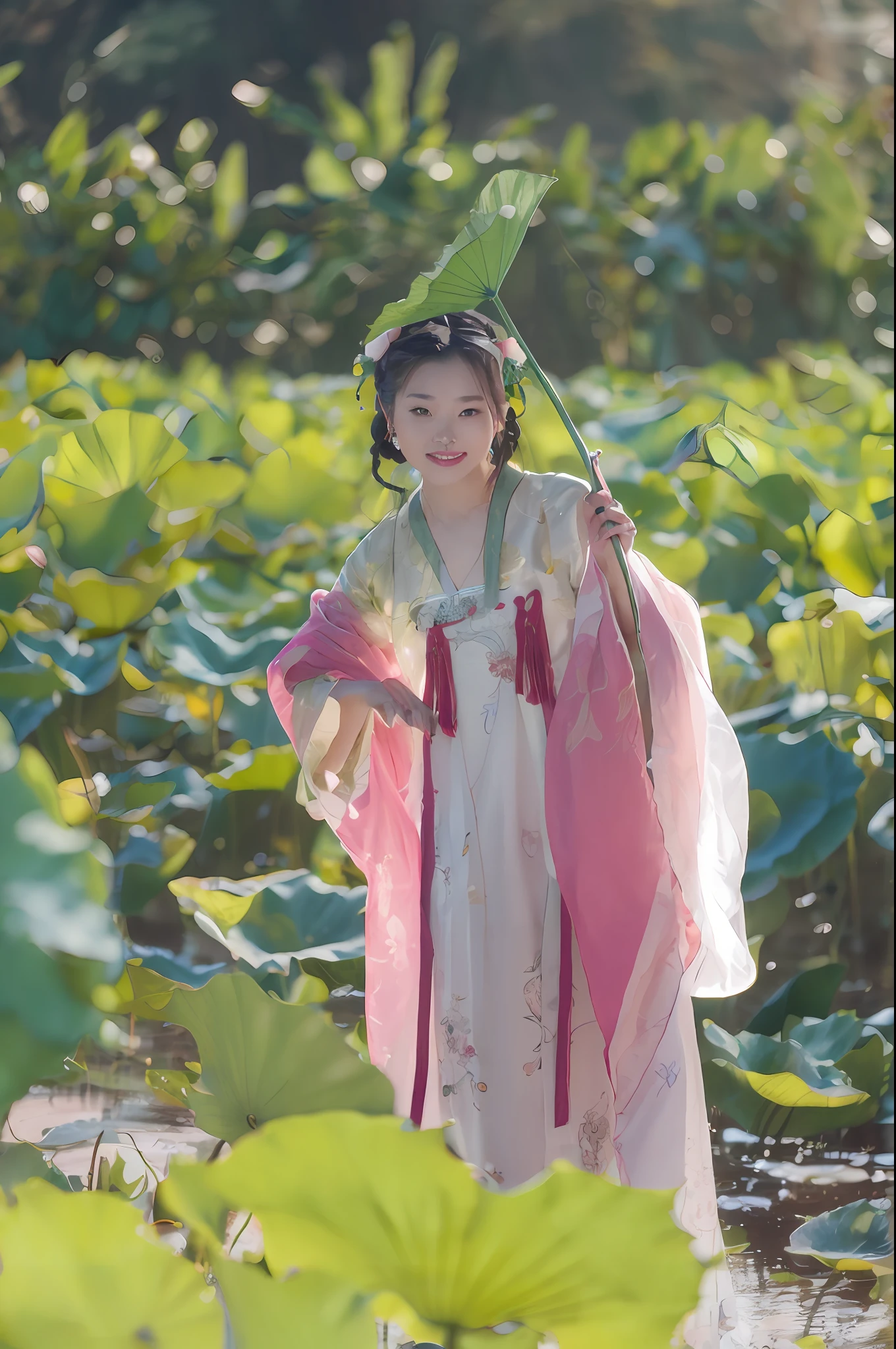 araffe dressed in a pink and white dress holding a green umbrella, Hanfu, royal palace ， A girl in Hanfu, Wearing ancient Chinese clothes, with acient chinese clothes, Traditional Chinese clothing, White Hanfu, Chinese costume, don, wearing a luxurious silk cloak, pink lotus queen, the goddess of autumn harvest, standing gracefully upon a lotus