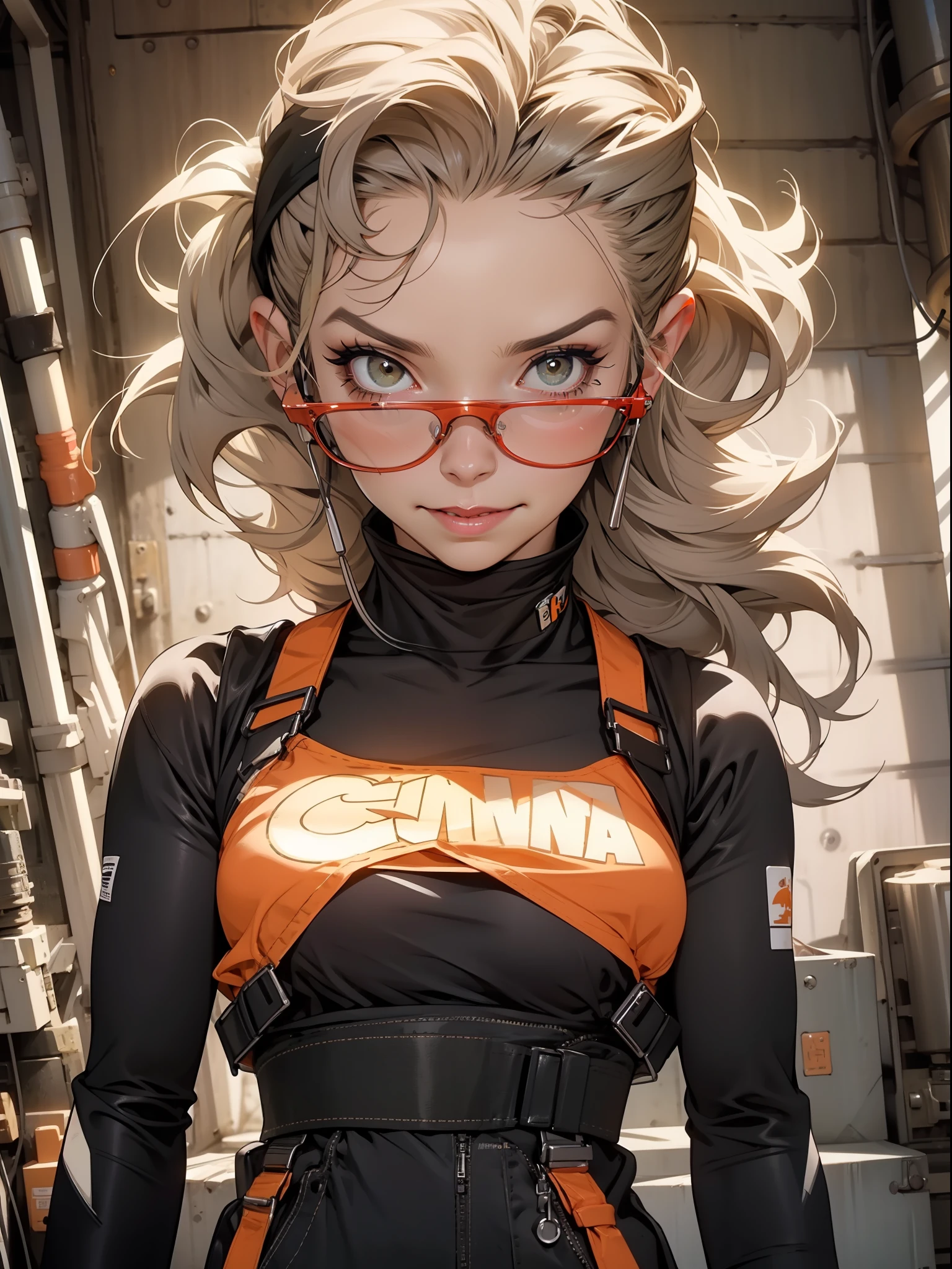 Nijistyle, A muscular 35-year-old female welder working hard in a nearly naked steel industry in the Simon Bisley style, (( welder's glasses on forehead )), Holding a blowtorch, fumando um charuto, charuto entre os dentes, She wears a bandana on her head and is working hard operating machines in the production of parts for robots, suada, pele molhada de suor, suja, cansada mas sorrindo, orange worker overalls with typographies, ((( cor de laranja ))), corpo perfeito, seios grandes com decote, ((( cabelo super curto loiro claro ))), ((( rosto adulto ))), ((( Annie Lennox ))), Minimum clothing, mostrando parte dos seios, decote invertido, Nijistyle, jantar adulto, cena sensual, extremamente sexy