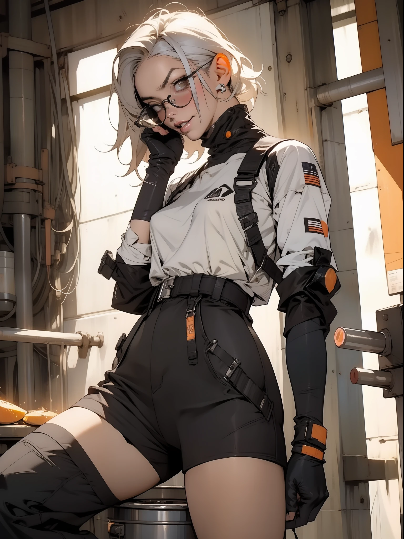 Nijistyle, A muscular 35-year-old female welder working hard in a nearly naked steel industry in the Simon Bisley style, (( welder's glasses on forehead )), Holding a blowtorch, fumando um charuto, charuto entre os dentes, She wears a bandana on her head and is working hard operating machines in the production of parts for robots, suada, pele molhada de suor, suja, cansada mas sorrindo, orange worker overalls with typographies, ((( cor de laranja ))), corpo perfeito, seios grandes com decote, ((( cabelo super curto loiro claro ))), ((( rosto adulto ))), ((( Annie Lennox ))), Minimum clothing, mostrando parte dos seios, decote invertido, Nijistyle, jantar adulto, cena sensual, extremamente sexy