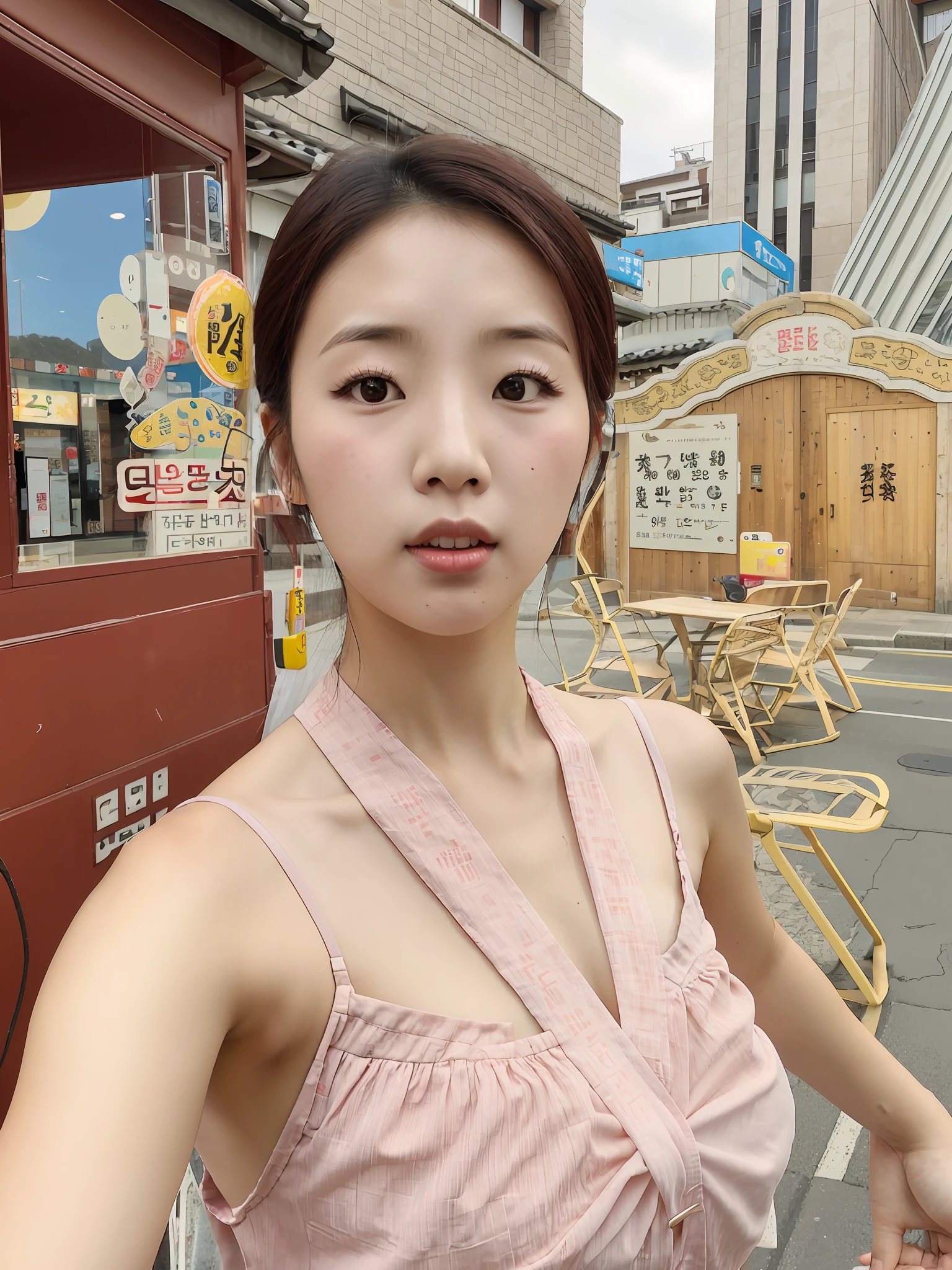 there is a woman that is standing in the street with a cell phone, 8k selfie photograph, Yoshitomo Nara, 3 0 years old woman, 30 year-old woman, beautiful Korean women, heonhwa choe, sakimichan hdri, sakimichan, selfie of a young woman, Korean woman