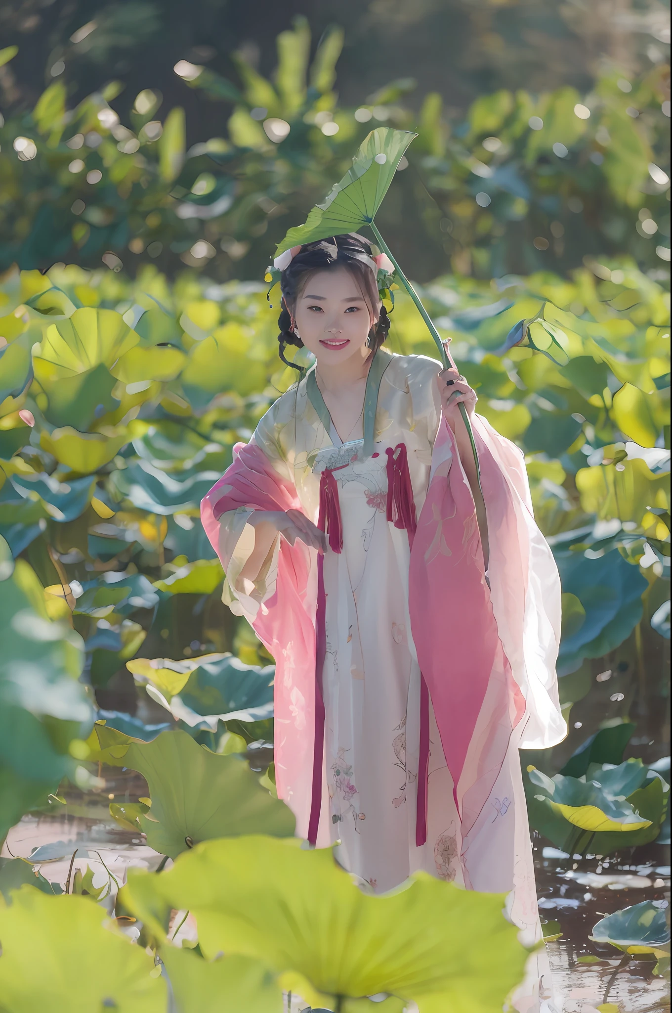 araffe dressed in a pink and white dress holding a green umbrella, Hanfu, royal palace ， A girl in Hanfu, Wearing ancient Chinese clothes, with acient chinese clothes, Traditional Chinese clothing, White Hanfu, Chinese costume, don, wearing a luxurious silk cloak, pink lotus queen, the goddess of autumn harvest, standing gracefully upon a lotus