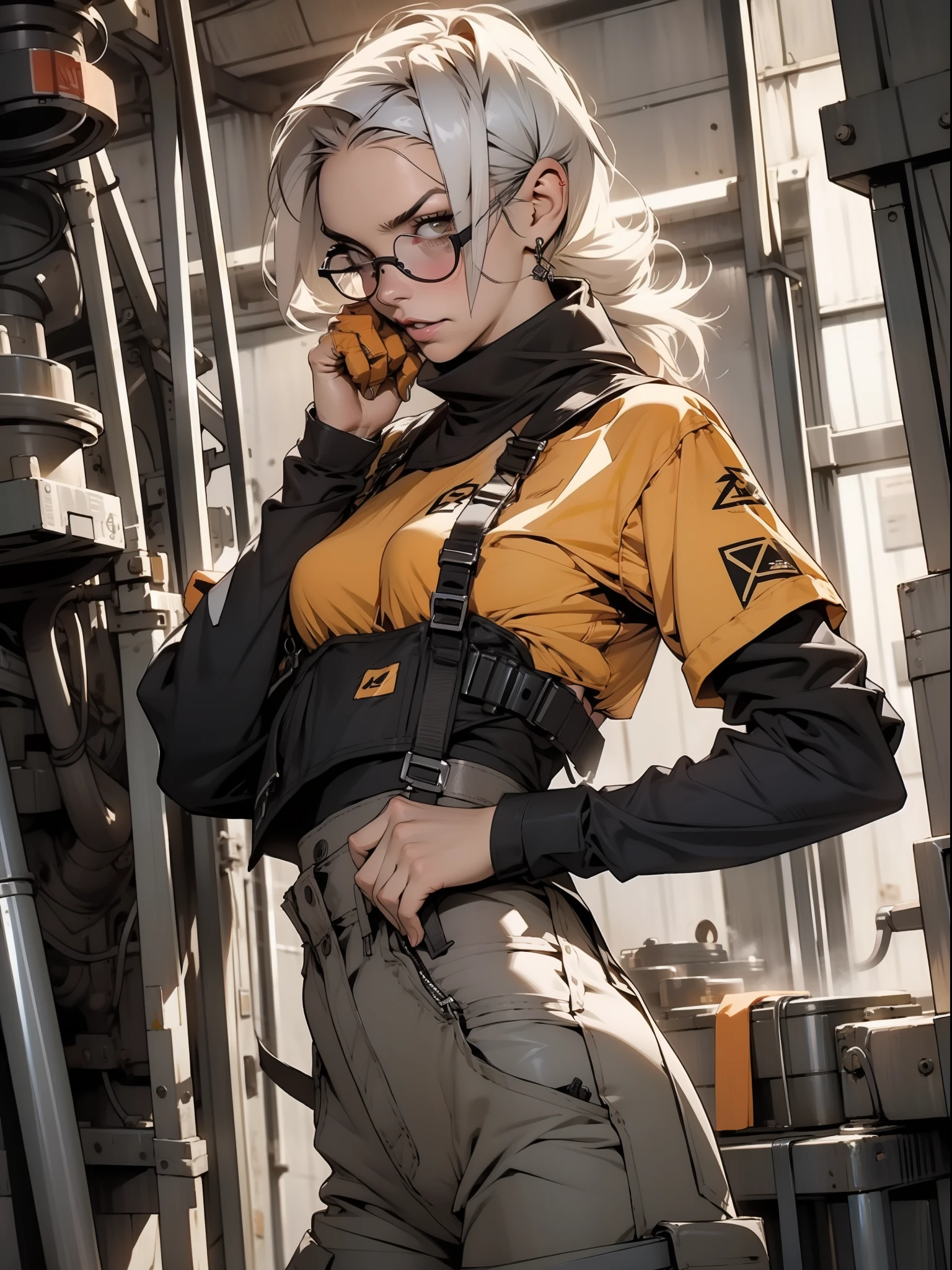 Nijistyle, A muscular 35-year-old female welder working hard in a nearly naked steel industry in the Simon Bisley style, (( welder's glasses on forehead )), Holding a blowtorch, fumando um charuto, charuto entre os dentes, She wears a bandana on her head and is working hard operating machines in the production of parts for robots, suada, pele molhada de suor, suja, cansada mas sorrindo, orange worker overalls with typographies, ((( cor de laranja ))), corpo perfeito, seios grandes com decote, ((( cabelo super curto loiro claro ))), ((( rosto adulto ))), ((( Annie Lennox ))), Minimum clothing, mostrando parte dos seios, decote invertido, Nijistyle, jantar adulto, cena sensual, extremamente sexy